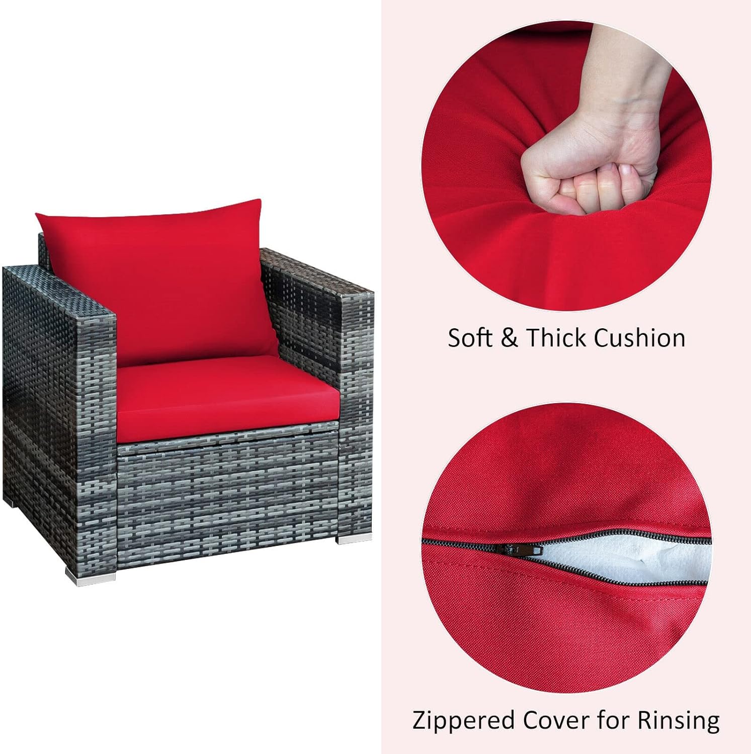 3 PC Patio Rattan Furniture Bistro Set Cushioned Sofa Chair Table Red