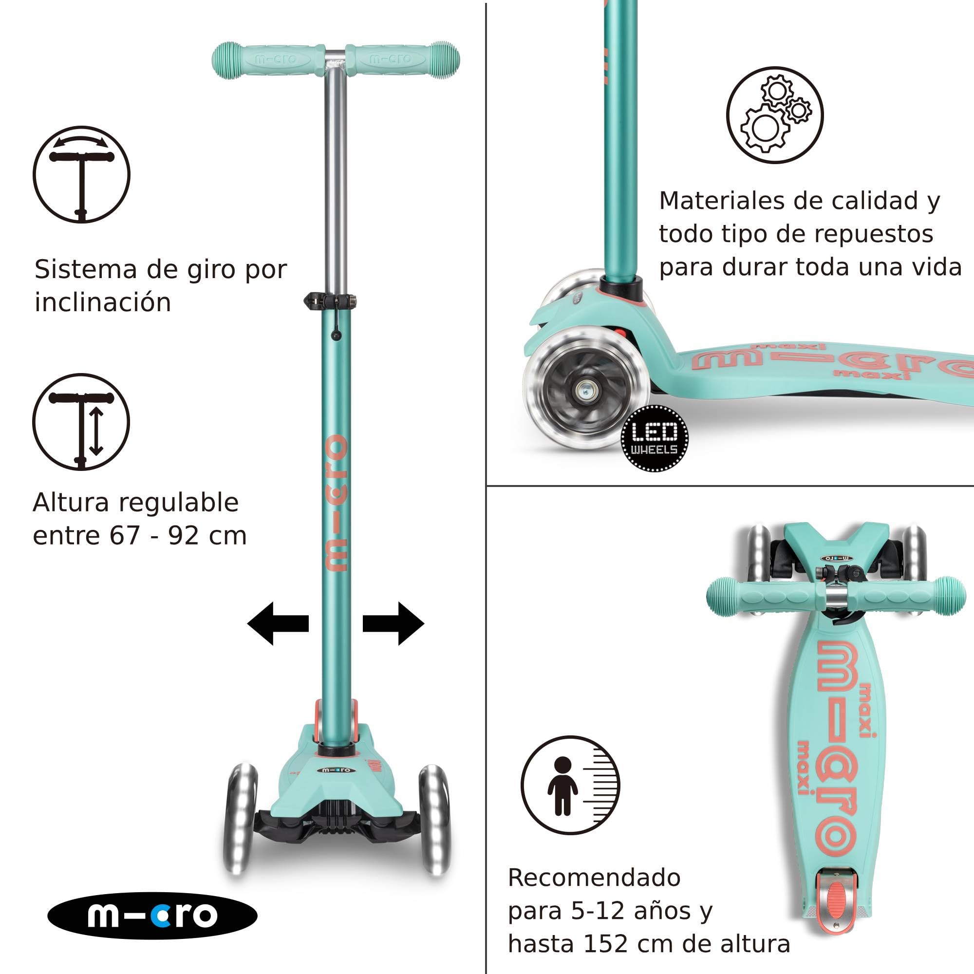 Micro® | Maxi Deluxe LED Patinete 3 Ruedas Niños | Ruedas con Luces LED | Sistema de Giro por inclinación | Altura Regulable | 5-12 Años | Niños y Niñas