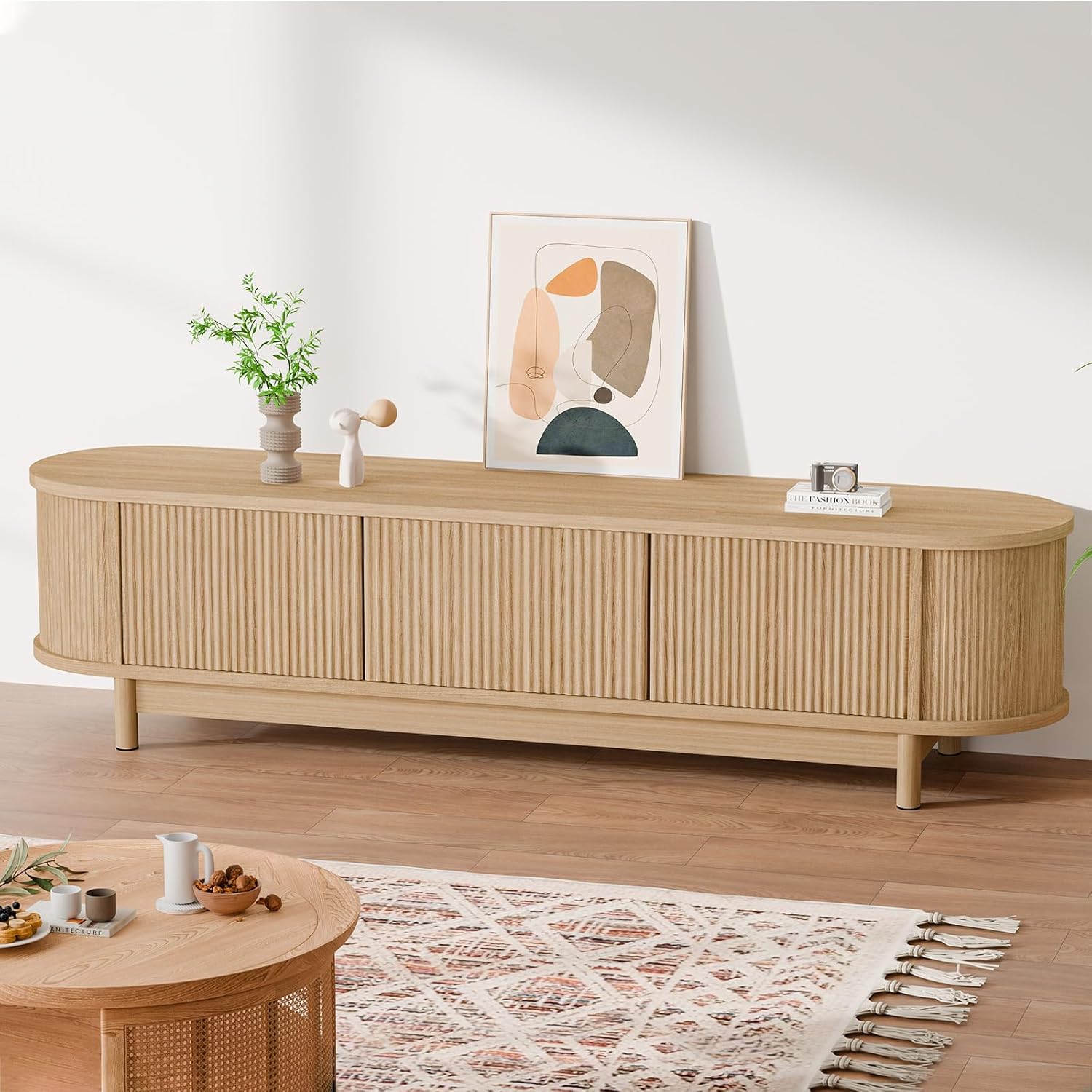 Wood Color TV Cabinet Stand 160 x 40 x 40cm, Modern Furniture Entertainment Unit Stand with with 2 Ample Storage Side Cabinets and 2 Middle Shelves for Living Room