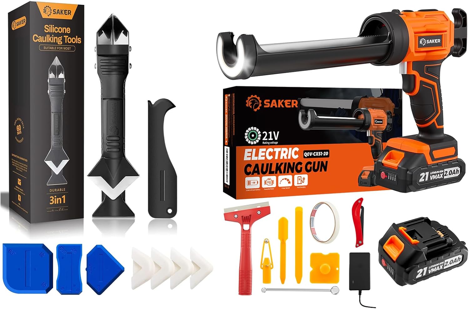 Saker Cordless Electric Caulk Gun with 3-in-1 Silicone Caulking Tools Set, Drip-Free Caulking Gun Kit with Adjustable Speeds, Caulk Remover & Finishing Scraper