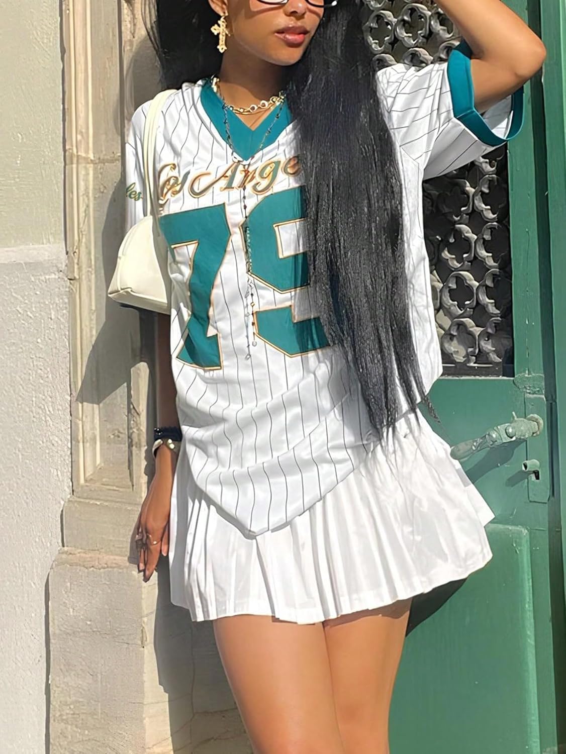 SOLY HUX Jersey Shirts for Women Y2k Oversized T Shirt Striped Number Graphic Tees V Neck Half Sleeve Streetwear Tops - Image 2