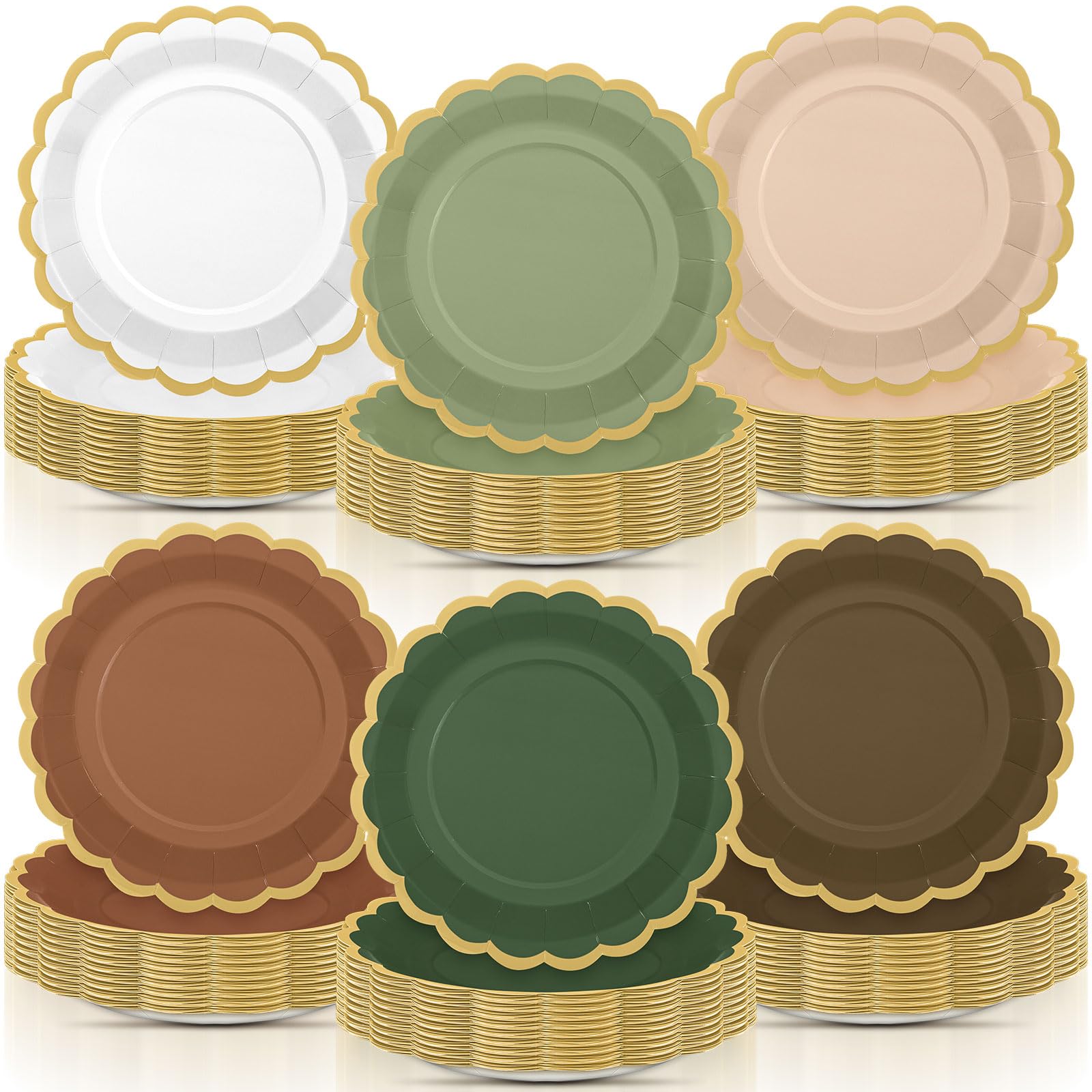96 Pcs Sage Paper Plates 9 Inch Scalloped Woodland