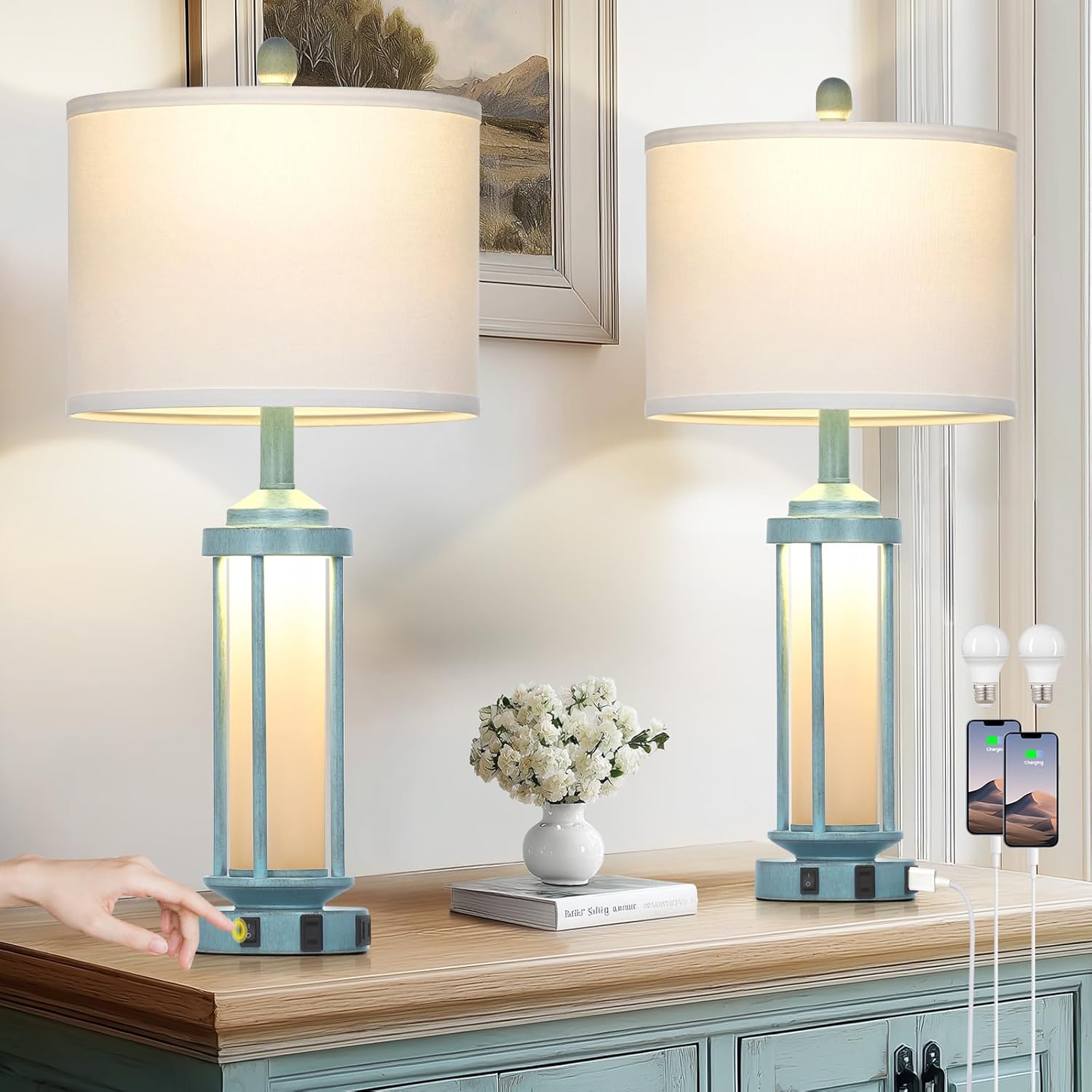 27" Tall Farmhouse Table Lamps for Living Room, Rustic Vintage Table Lamp with USB A+C Charging Ports & AC Outlet, Modern Retro Industrial Nightstand Bedside Lamp for Bedroom Side Table Decor