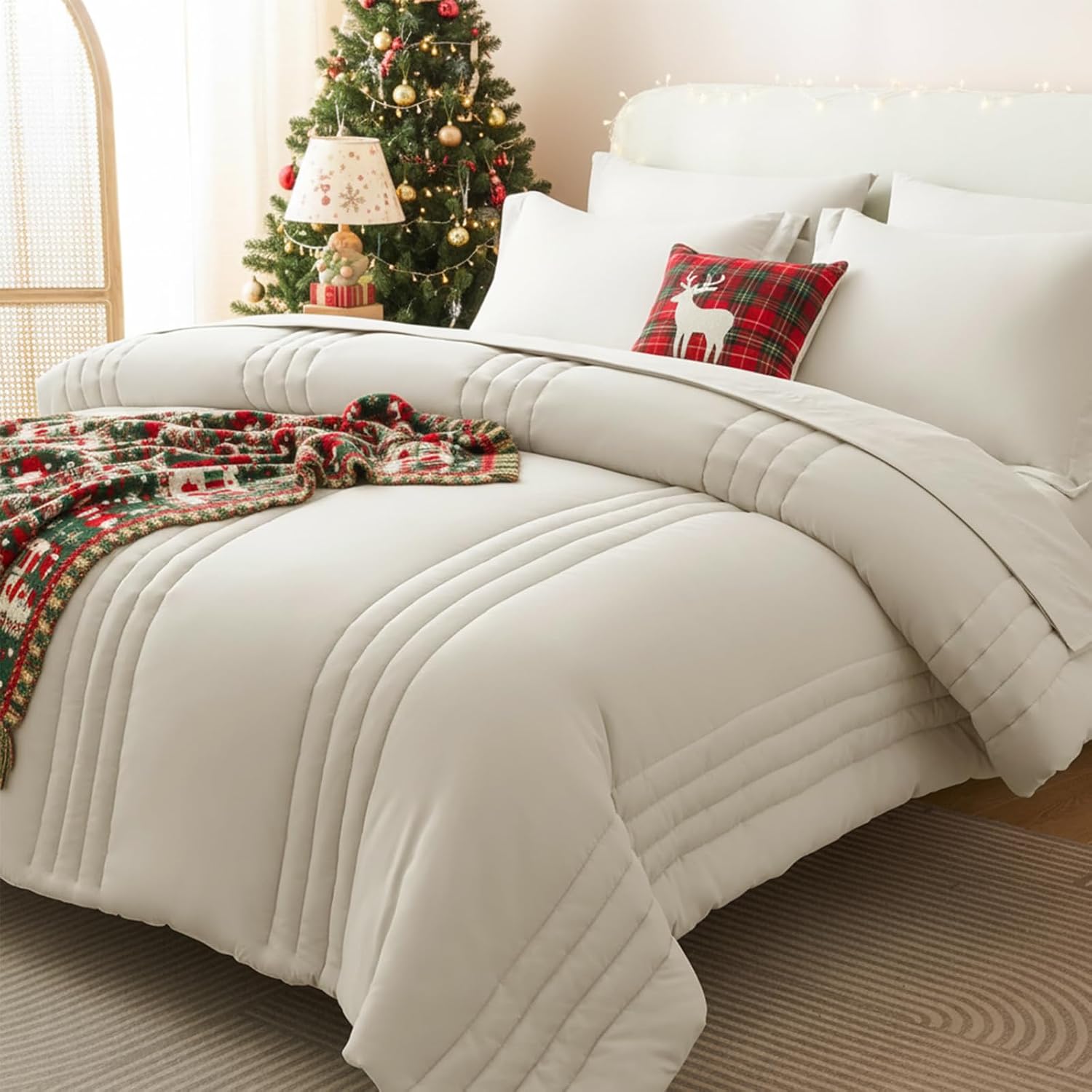 CozyLux Queen Comforter Set - 7 Pieces Bed in a Bag Beige Comforters Queen Size Bed Set, Soft Bedding Set with All Seasons Comforter, Sheets, Pillowcases & Shams Beige Queen