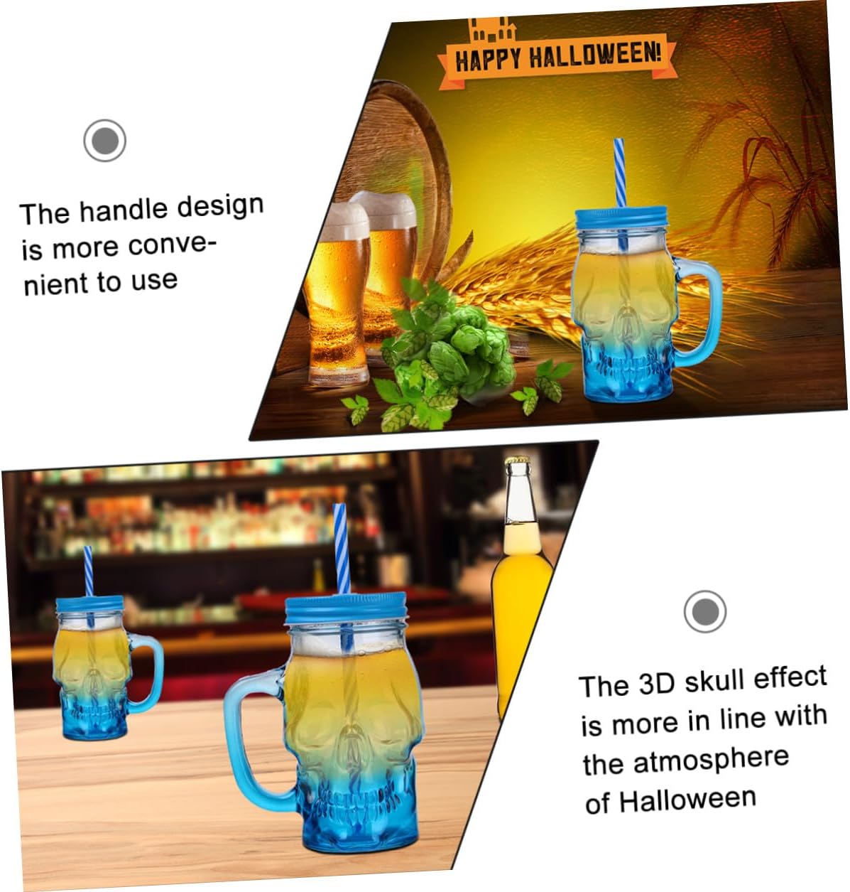 MAGICLULU 2pcs 500ml Gradient Blue Skull Wine Glasses with Handle, Halloween Party Beer Drinkware Set, Glass Beverage Tumblers for Seasonal Decoration and Themed Events Random Color