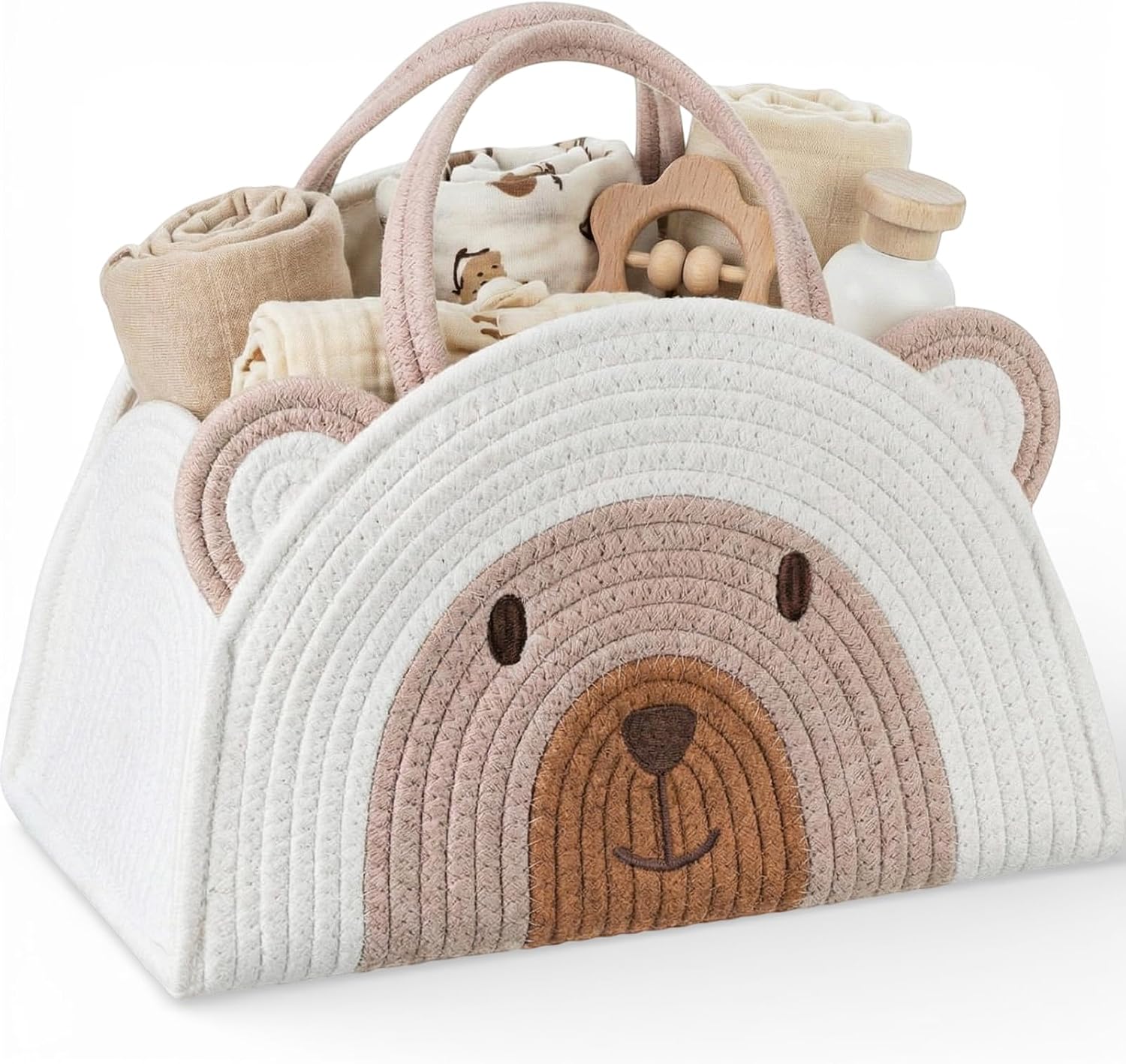 Large Baby Diaper Caddy Organizer Cute Bear Cotton Rope Empty Gift Basket for Baby Shower Newborn Essentials Nursery Storage Bin for Laundry Car Home Organizer, 14.6 x 10.6 x 8.7 Inch