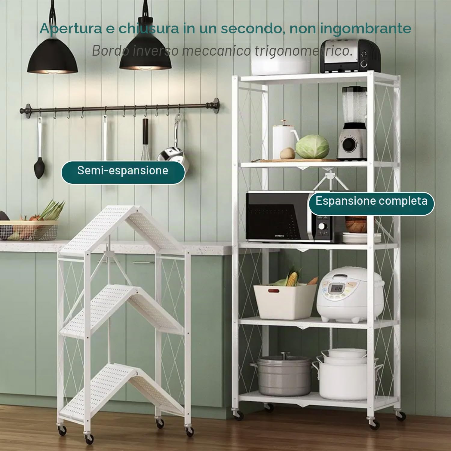 Scaffale pieghevole a 5 ripiani, scaffale in metallo con ruote, 100 kg, per cucina, bagno, soggiorno