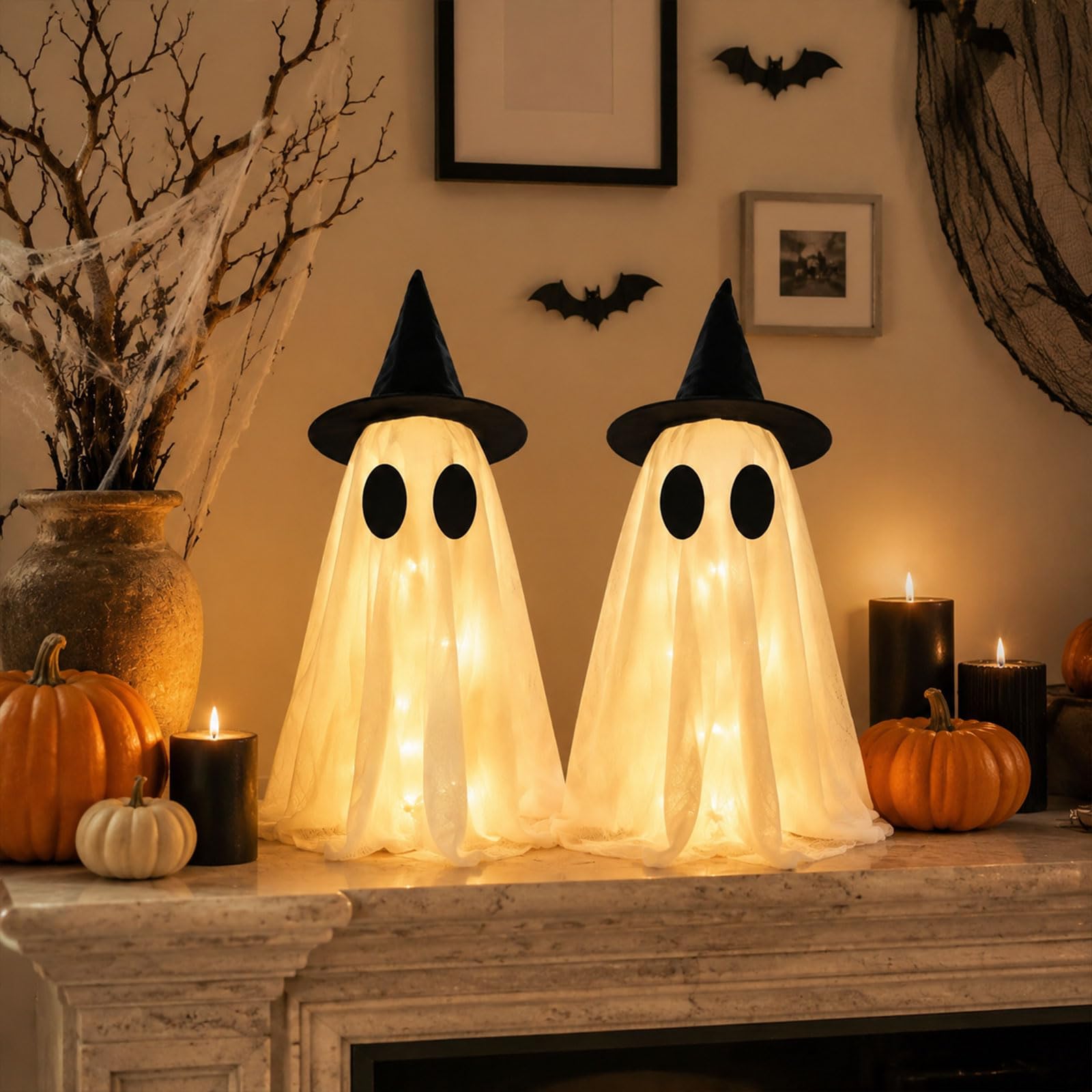 Halloween Decorations Outdoor,Fall Decor 2 Pcs Ghost Lights with Witch Hats