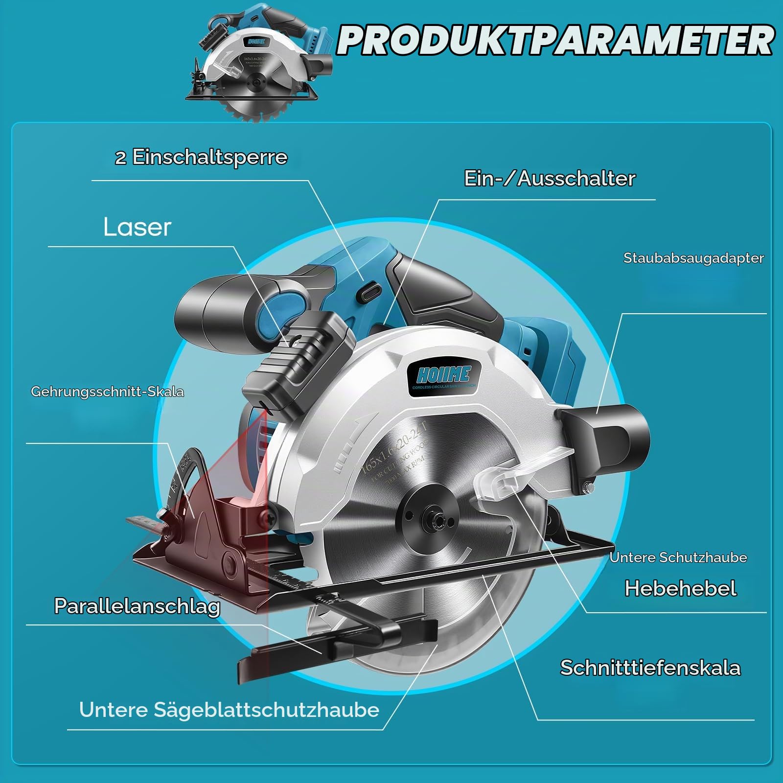 Akku Kreissäge Handkreissäge 165 MM für maki-ta 18V, 4500 rpm,Arbeitslicht