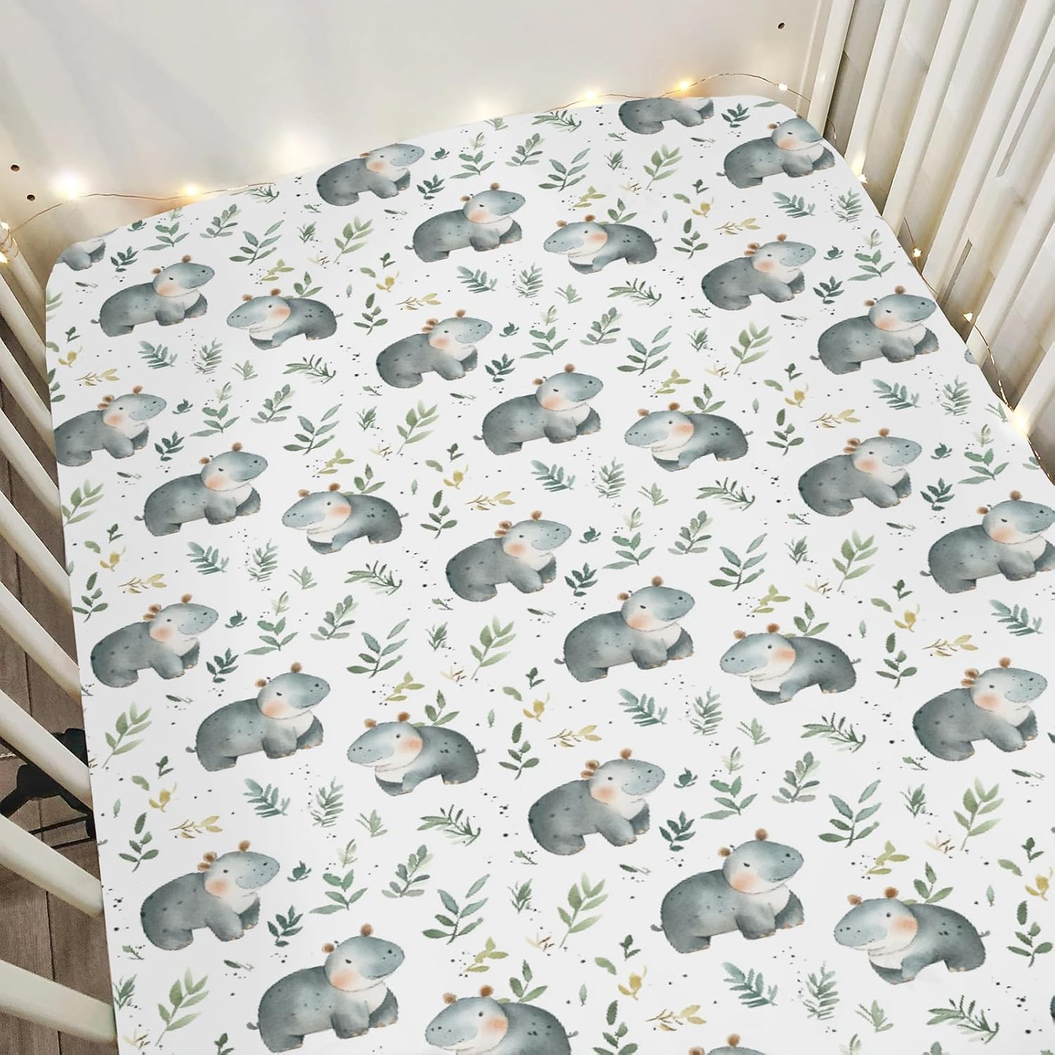 Cute Hippo Green Leaves Baby Crib Sheets for Boy Girl 28"x52" Cartoon Hippo Boho Leaves Soft Stretchy Fitted Crib Mattress Cover Wild Animals Baby Sheet for Standard Crib and Toddler Bed Mattress