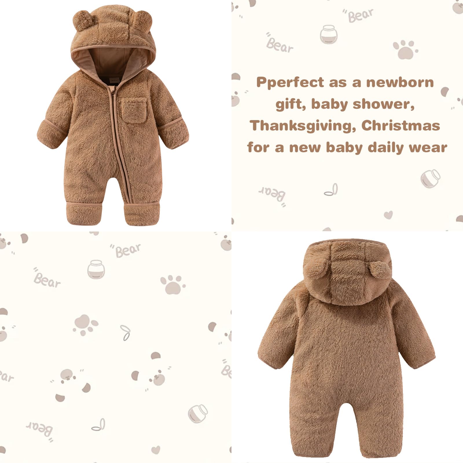Traje de nieve para bebé recién nacido, ropa de cochecito de bebé, mameluco con capucha de oso, abrigo de invierno con orejas de oso para 0-3M, 3-6M, unisex, para niños y niñas