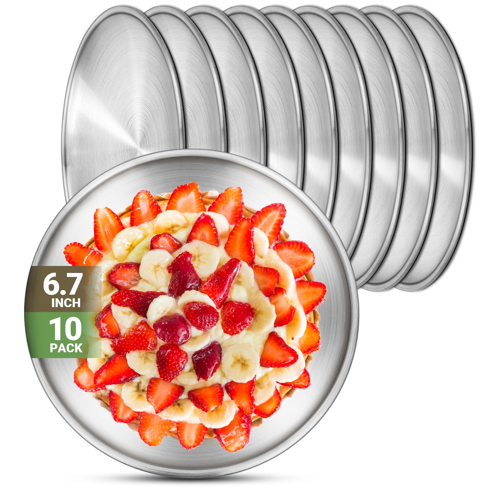 Offiper Stainless Steel Plates, 10 Set 6.7 inch 304(18/8) Metal Food Serving Plate, Reusable Snack Eating Dishes Round Shatterproof Plate Silver