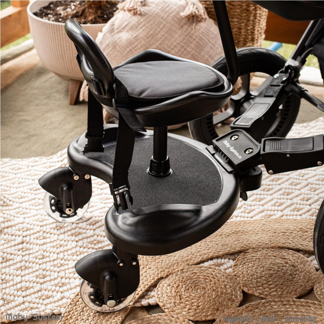 MobySystem Patinete Carro Bebé Universal - Plataforma con Asiento Ajustable para Niños 2-5 años - Ruedas LED Giratorias 360° - Compatible con Cochecitos Estándar