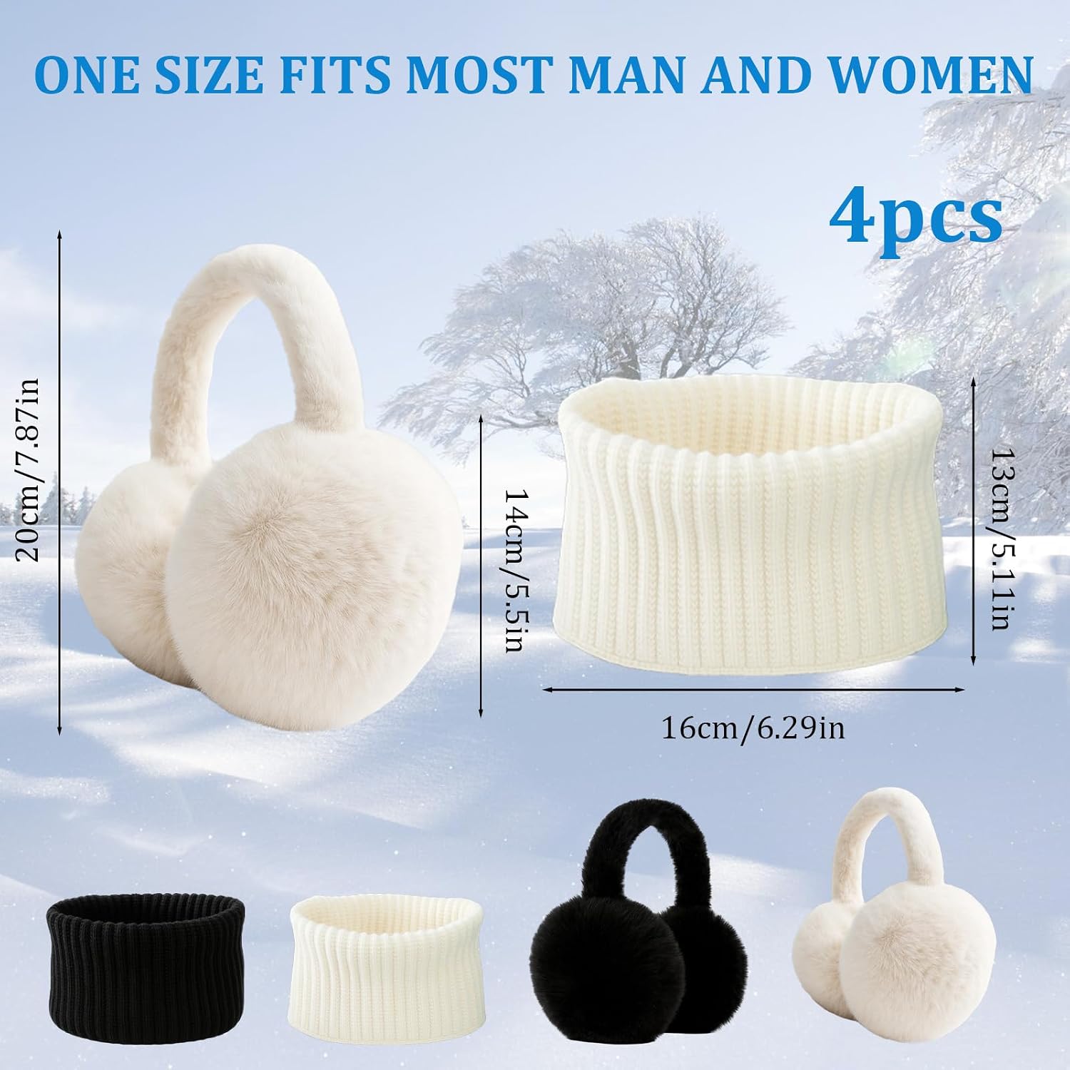 Winter Ear Muffs for Women, 4-Pack Knit and Fleece Headbands, Black and White, Soft and Warm Earmuffs Winter