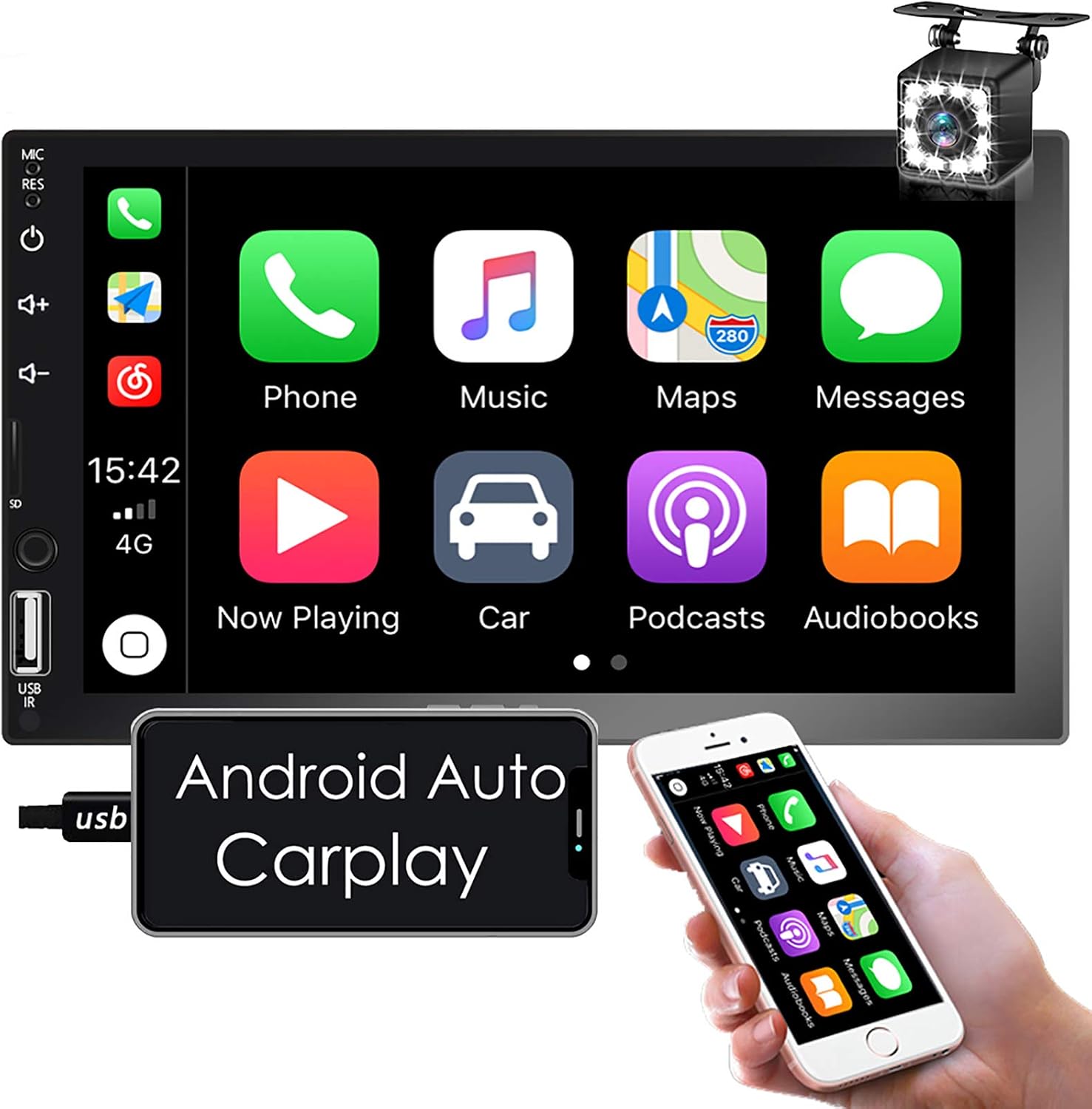 Nhopeew Android Auto/Apple CarPlay Double Din Car Stereo, 7 inch Touchscreen Car Radio with Backup Camera, Bluetooth/FM/RCA/Mirror Link/Steering Wheel Control/TF Card/AUX/USB/Steering Wheel Control Nhopeew Android Auto/Apple CarPlay Double Din Car Stereo, 7 inch Touchscreen Car Radio with Backup Camera, Bluetooth/FM/RCA/Mirror Link/Steering Wheel Control/TF Card/AUX/USB/Steering Wheel Control