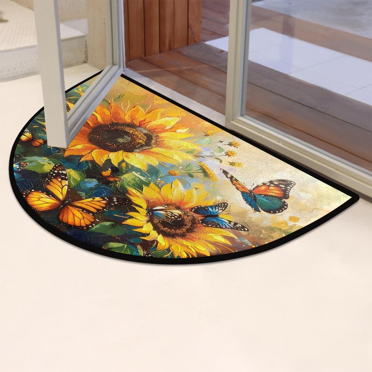 Flower Sunflowers Butterfly Half Round Door Mat Non Slip Washable Semi Circle Area Rug Absorbent Soft Half Moon Rug Floor Mat for Indoor Outdoor Kitchen Bathroom Patio Front Door Mat Decor