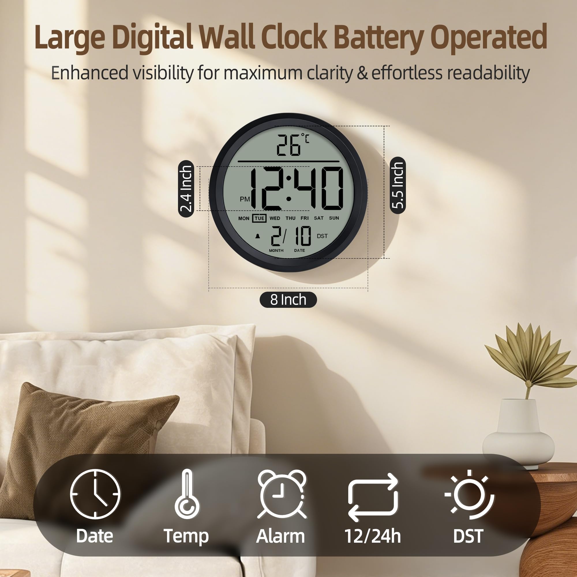 Runden Digitale Wanduhr 20cm, Groß Uhr mit Temperaturanzeige, Datum, Sommerzeit, Kalender, 12/24h, Wecker mit Werktags/Wochenend-Modus für Schlafzimmer Wohnzimmer