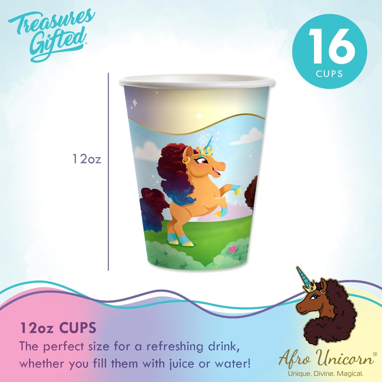Treasures Gifted Officially Licensed Afro Unicorn Birthday Party Supplies 16 Guests - Classic Set - Afro Unicorn Party Decorations - Plates, Cups, & Napkins Set