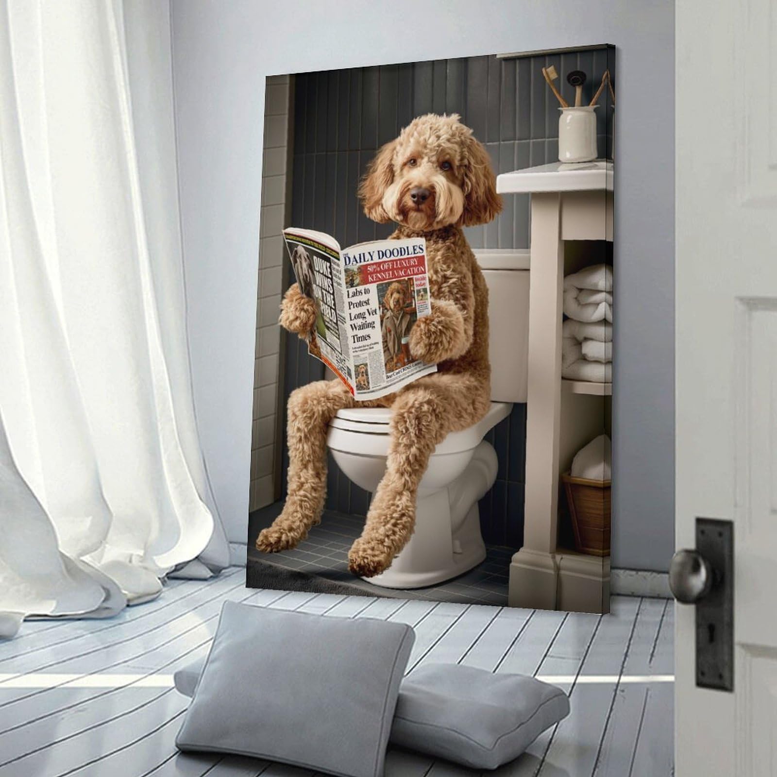 Junmoney Frame-Style-21 Labradoodle On The Toilet Room Decor Wall Art 08X12inch(20X30cm), For Entrance Walls, Hall Decor Or Foyers, A Neat Decor Update For Hallways