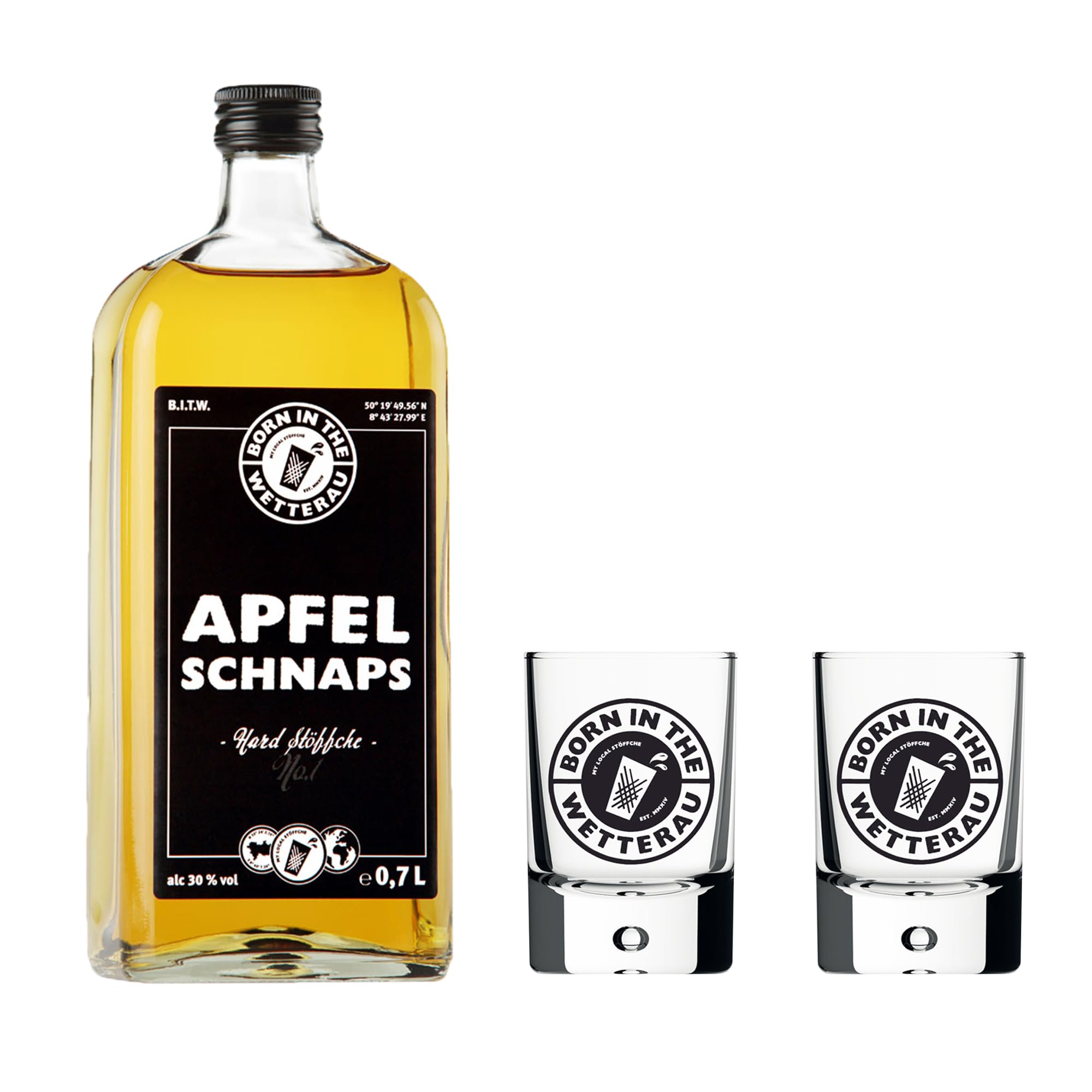 BitW 1x Apfelschnaps 0,7l + 2x Schnapsgläser 4cl | Apfelschnaps 30%-Vol | Born in the Wetterau