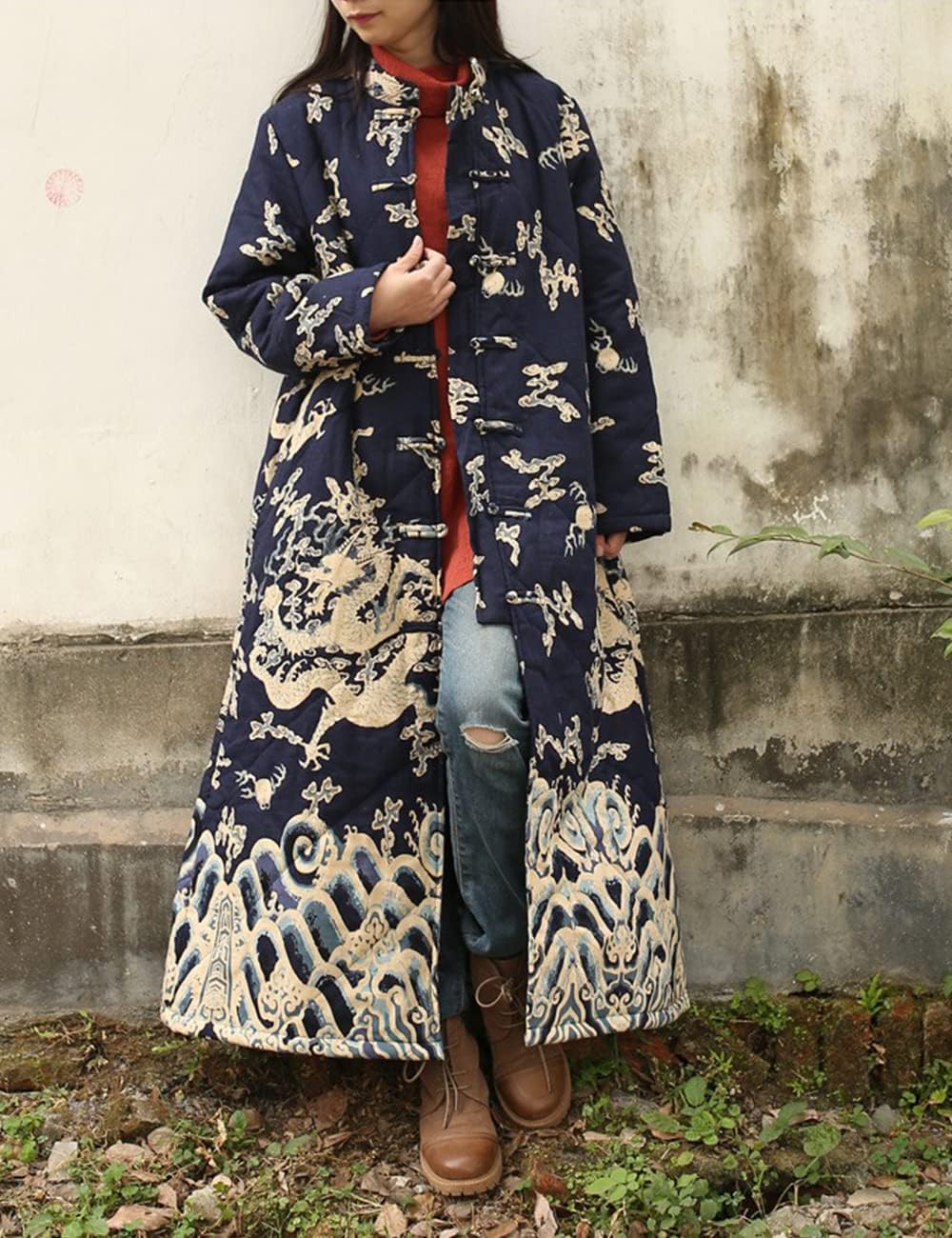 NFYM Women's Long Jacket Warm Quilted Ethnic Dragon Printed Button Down Jacket Overcoat