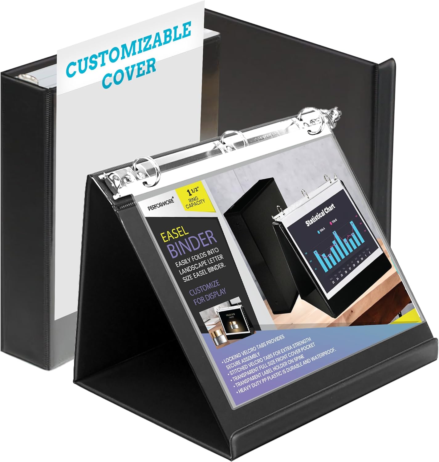 Performore Black Easel Binder 1.5" Round Ring Flip