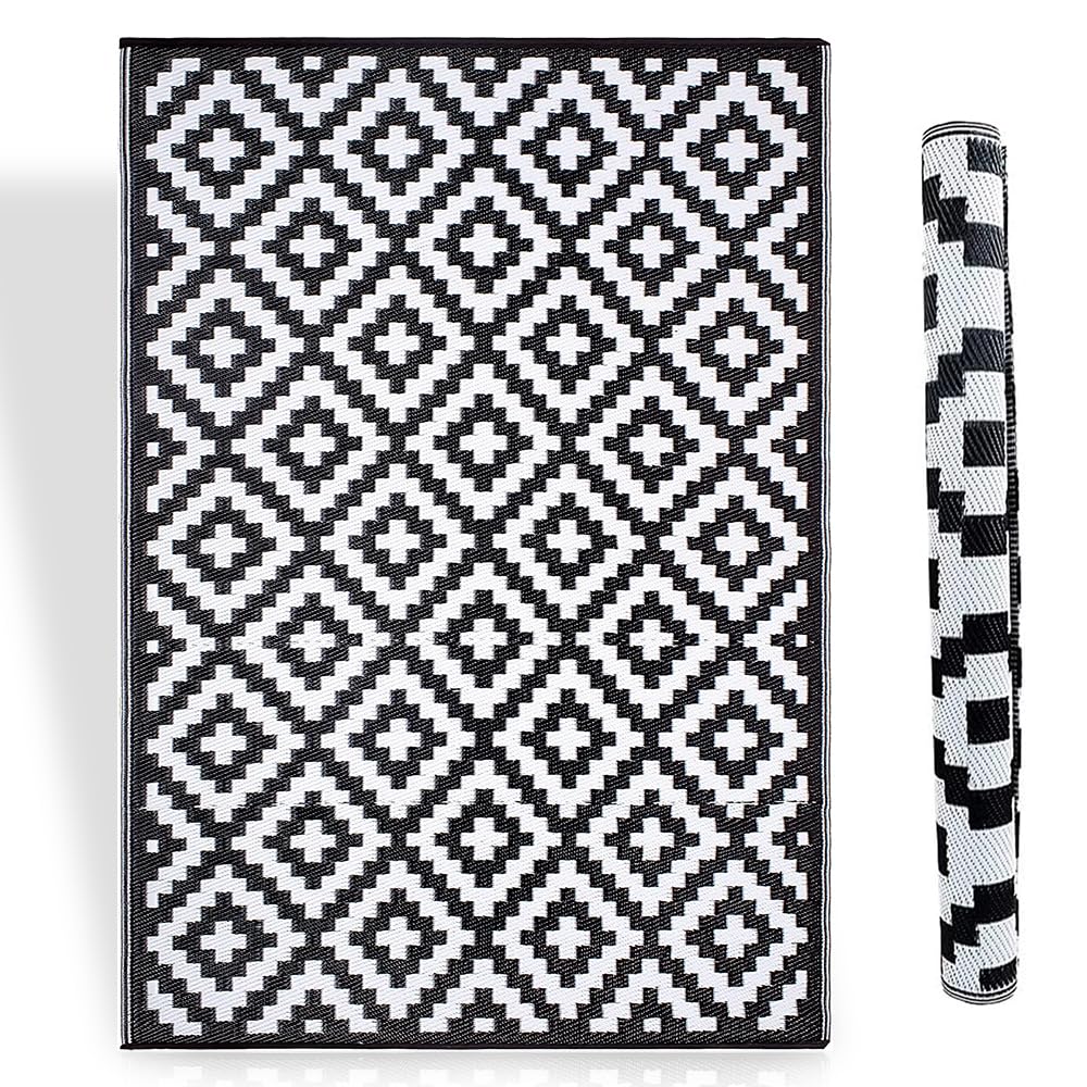 BONAFIDE Black and White Outdoor Rug for Garden, Lightweight Reversible Portable Area Rug, Easy Cleaning for Summer Patio (Black, 120x180cm)
