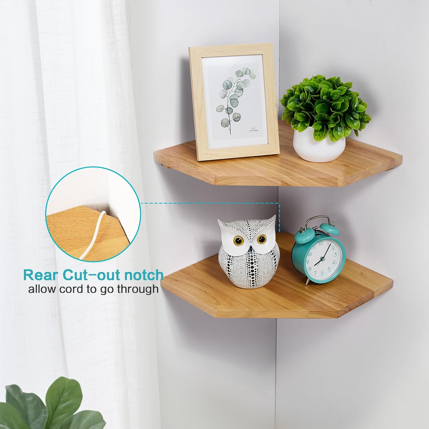 Corner Wall Shelves, Corner Floating Shelves Set of 2 Solid Oak Wood Display Shelf with Wire Hole Small Plant for Kitchen Living Room