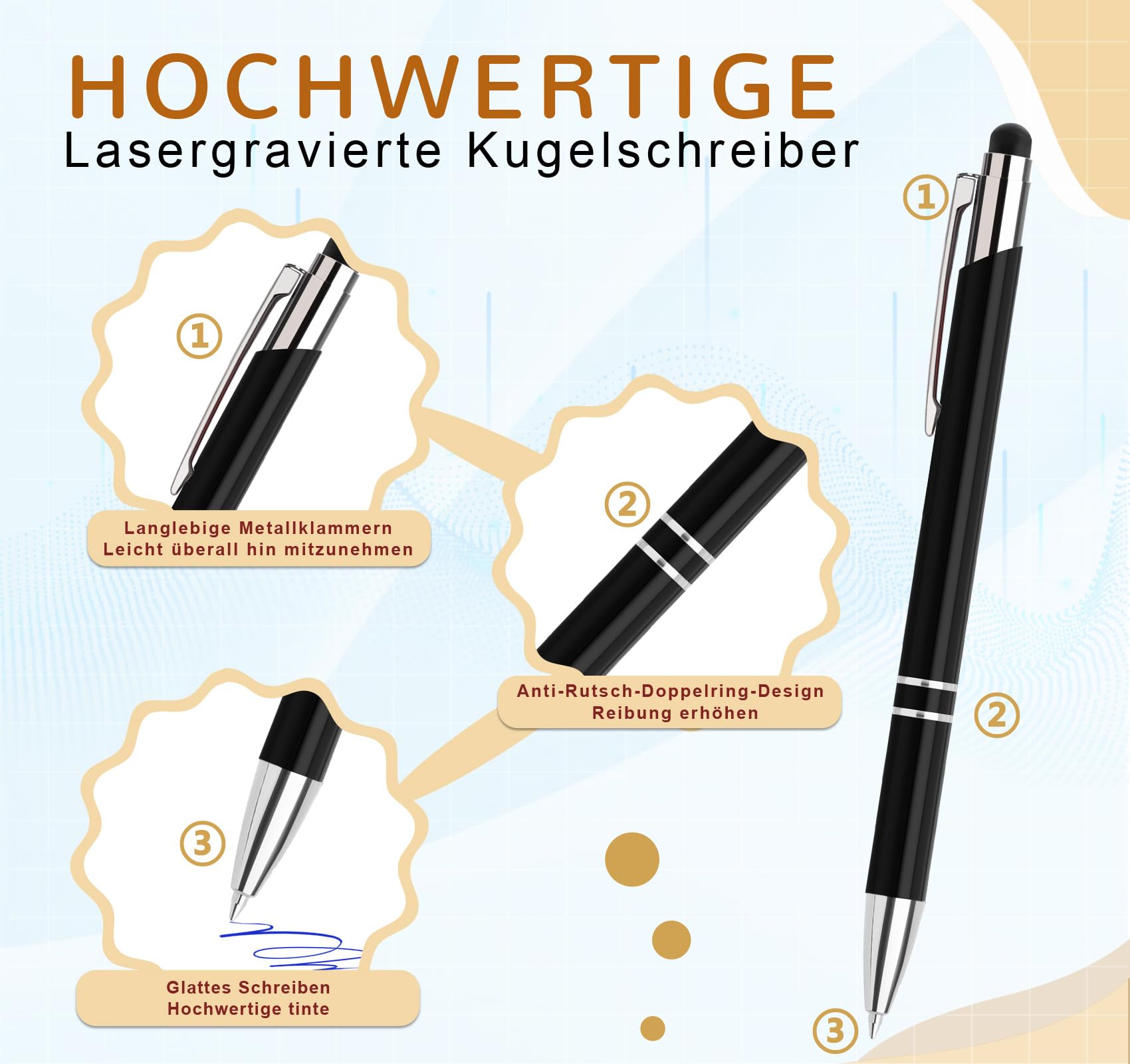 70 Stück Kugelschreiber, 0.7 mm, Blau, Touchscreen-tauglich, Druckknopf-Auslösung, Metall-Aluminium-Gehäuse, Büro-Schule-Schreibtisch (Blau-Schwarz)
