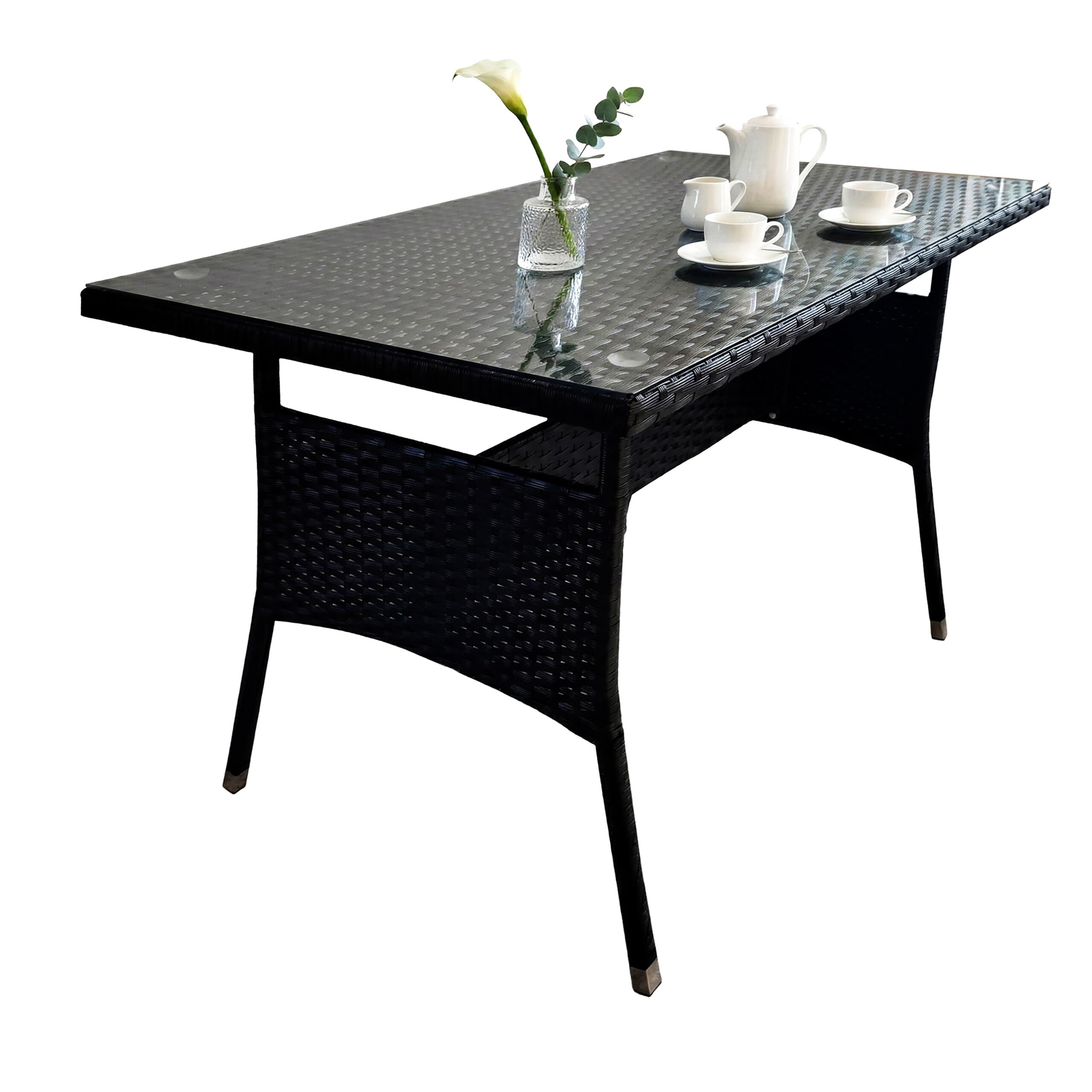 Relaxdays Gartentisch, HxBxT: 70 x 100 x 60 cm, wetterfest, Polyrattan, Glasplatte, Esstisch Garten & Balkon, schwarz