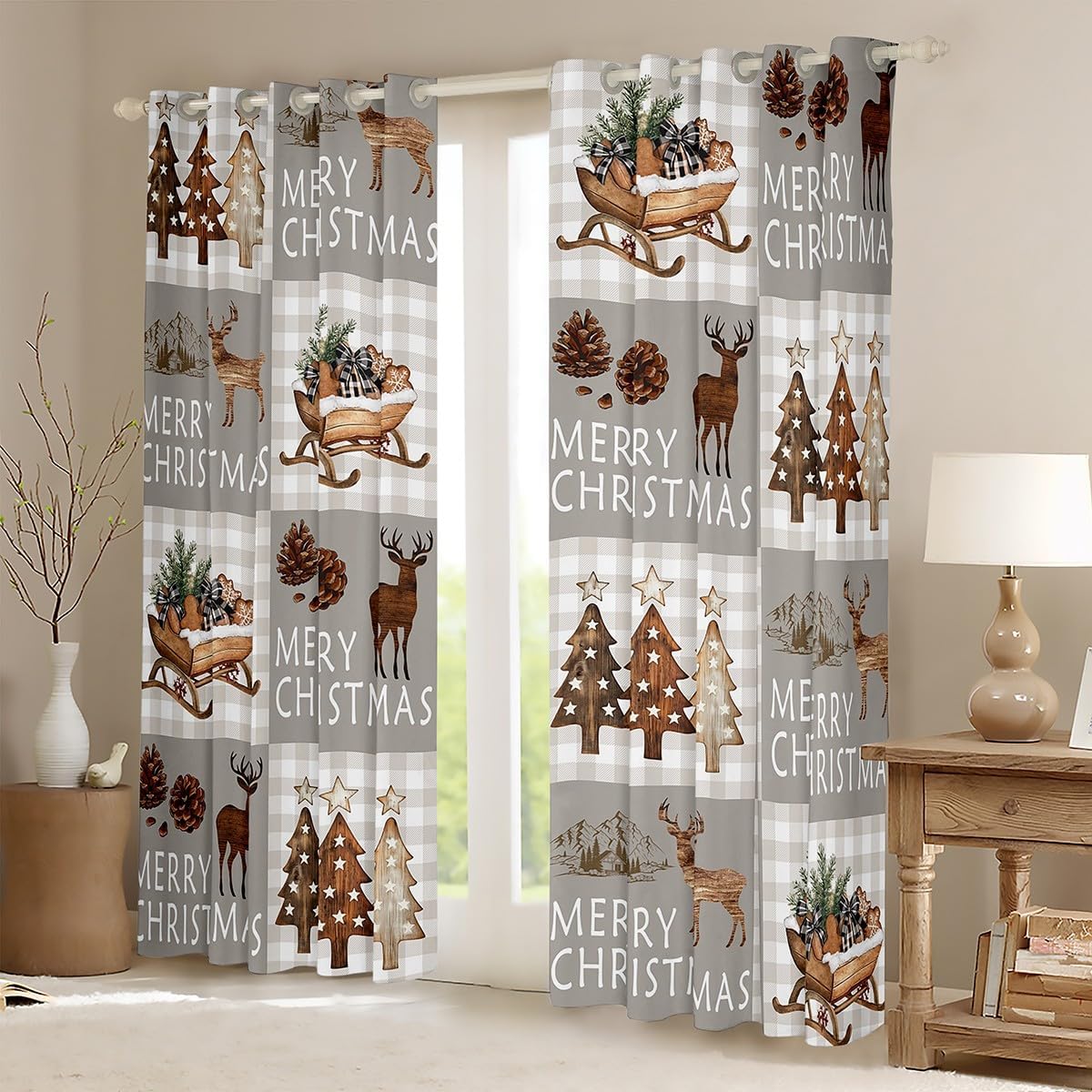 Merry Christmas Window Curtains Cartoon Wooden Xmas Trees Cute Deer Window Drapes for Kids Teens Adults Retro Patchwork Gray Grid Rustic Farmhouse Curtains for Living Room 2 Panels 38Wx45L