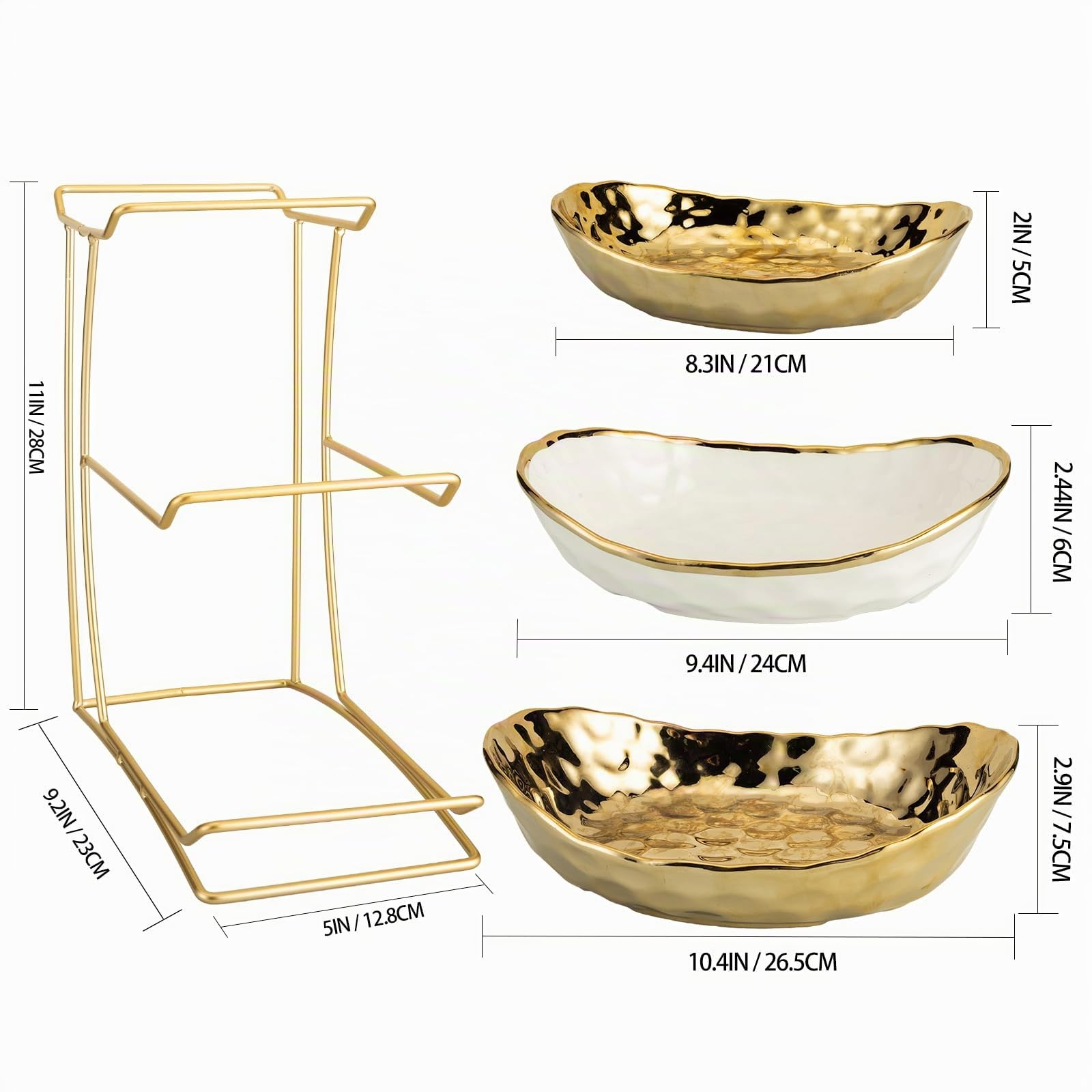 Ciotola per frutta a 3 livelli con supporto in metallo dorato, ciotola per frutta in ceramica per casa, feste, cucina, bancone, per snack, caramelle, pane (dorato))