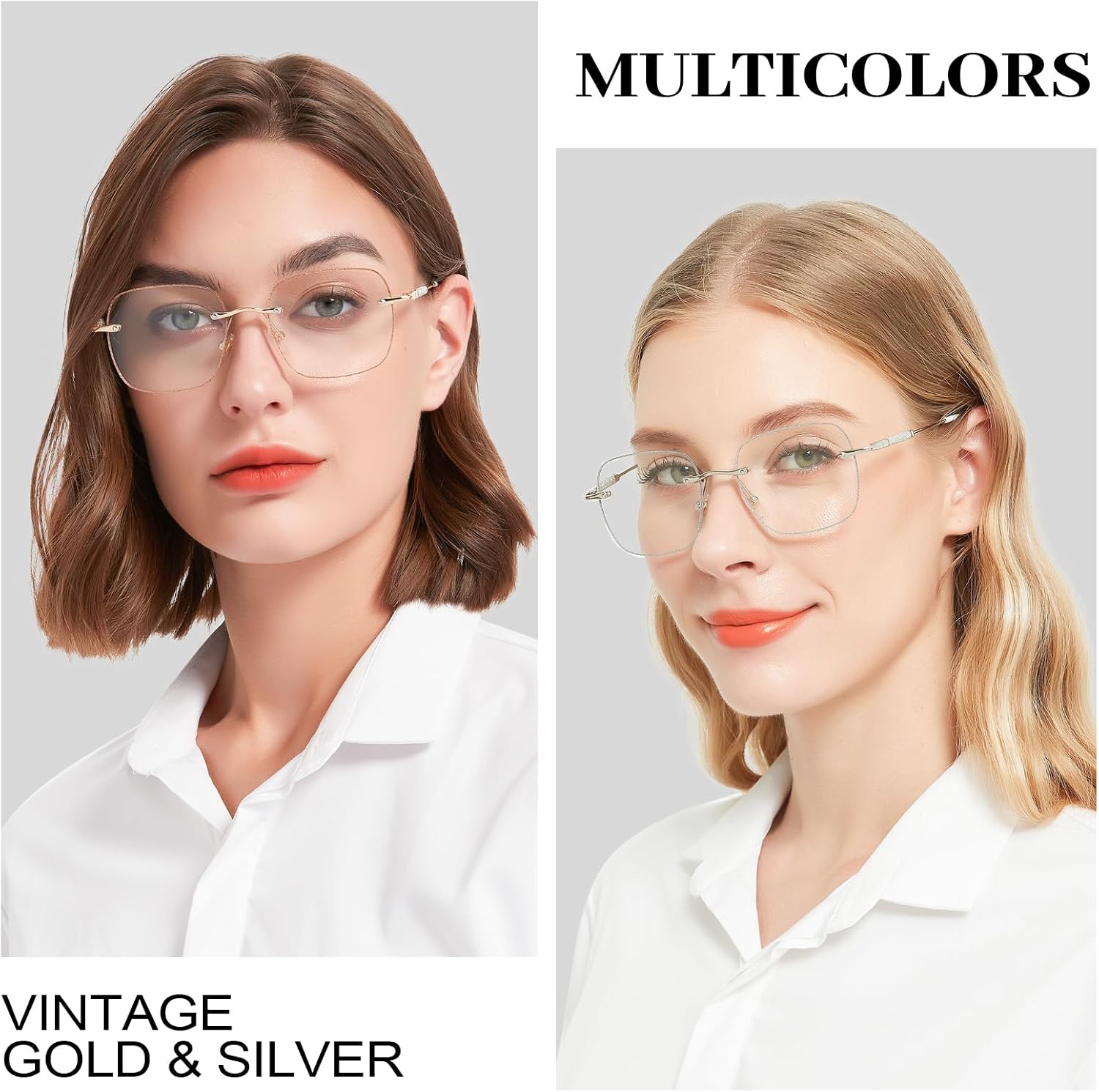 2 packs rimless blue light blocking reading glasses for women, sparkling metal computer readers gold+silver 2.5 x