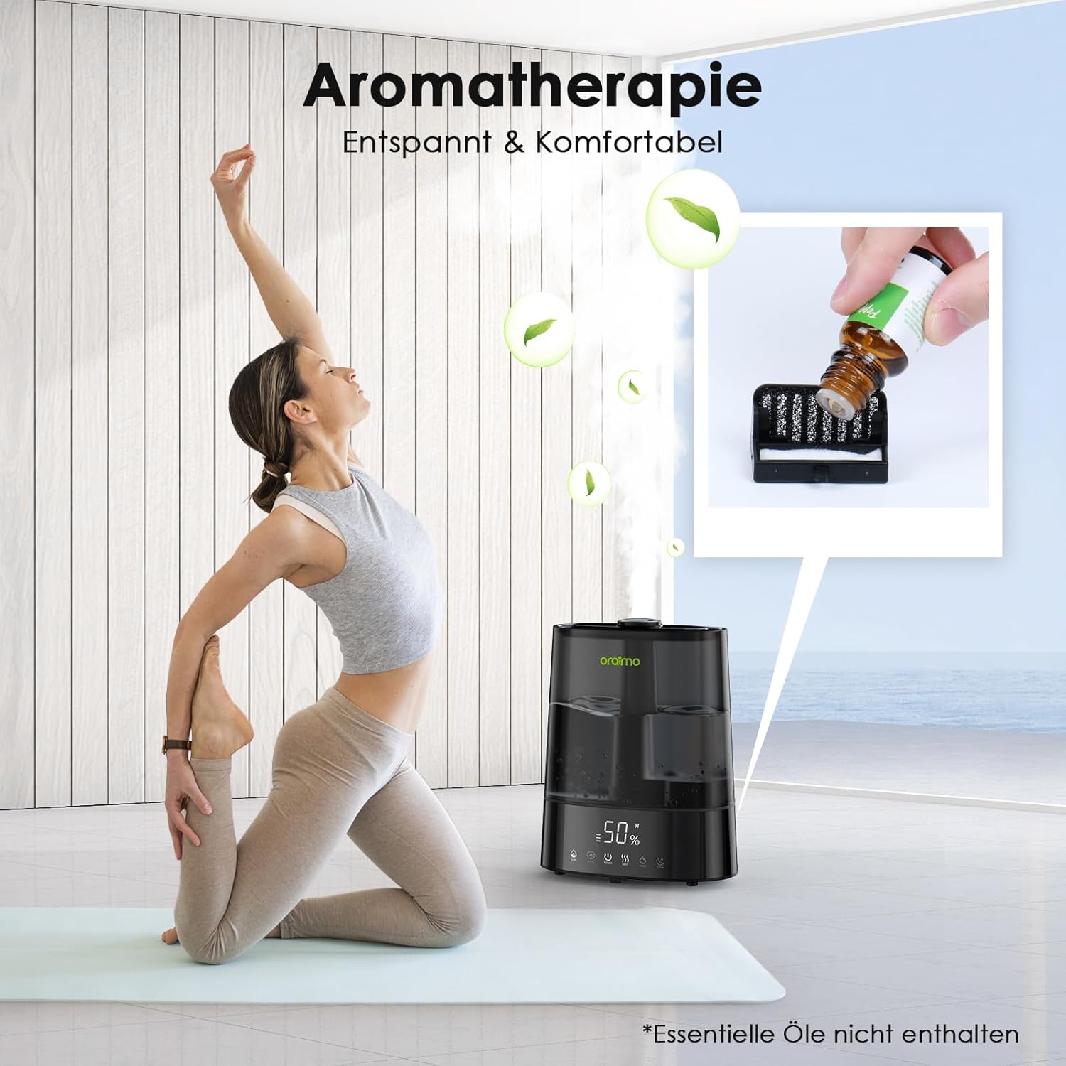 Woman doing yoga with Oraimo humidifier and essential oil bottle, highlighting aromatherapy feature