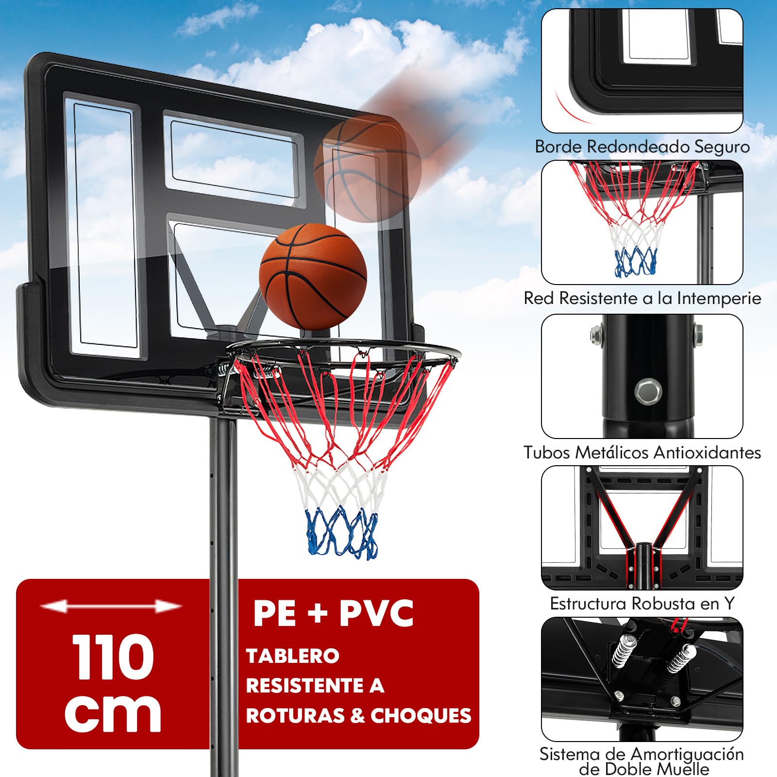 COSTWAY Canasta de Baloncesto Exterior, Altura Ajustable de 12 Niveles, 1,3 a 3,05m, Móvil con Ruedas, Base Rellenable, Canasta Baloncesto Adultos y Niños