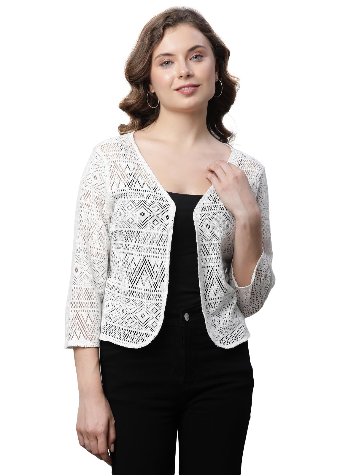 tenacity Women Cotton Jaquard Regular 3/4 Sleeves Lace Open Front Shrug-picture-38