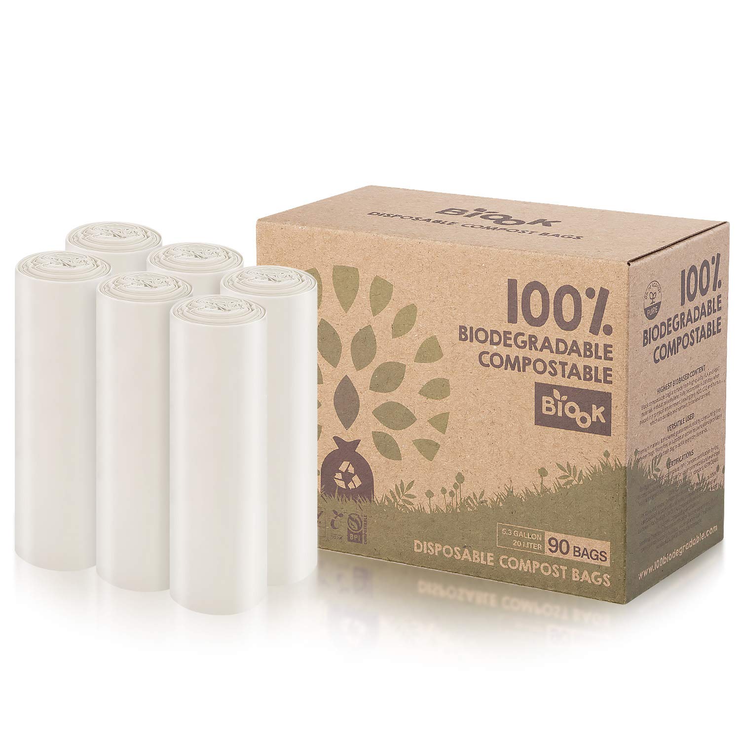 Buy BIOOK 100 Compostable Trash Bags, 5.3 GALLON, 90Count, 1 Mils, PLA