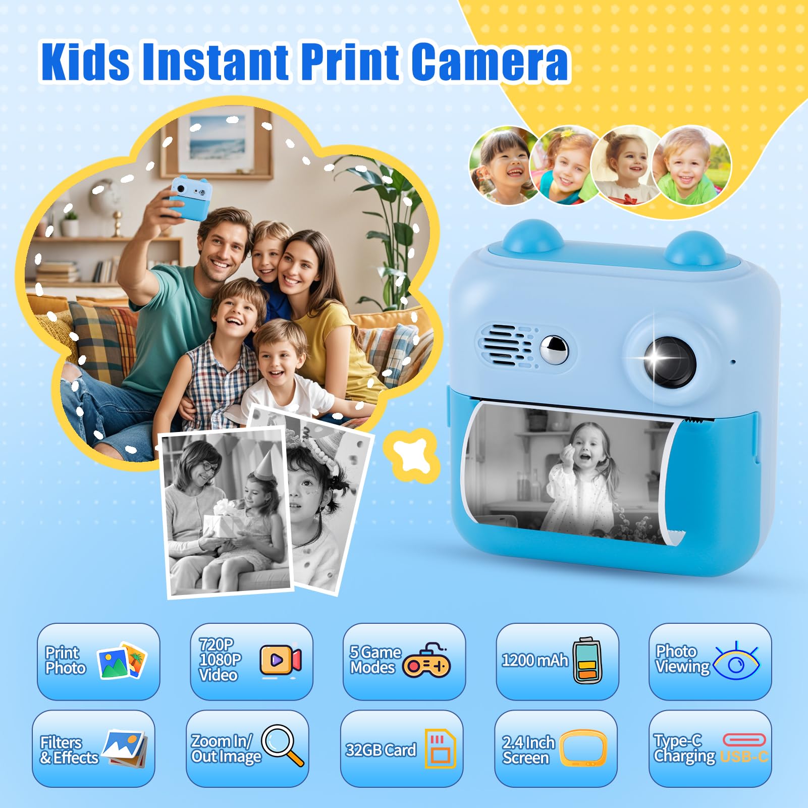 Gugxiom Kids Camera Instant Print, Fotocamera Digitale per Bambini con Scheda SD da 32 GB e 3 Rotoli Di Carta per Stampante, Fotocamera per Bambini per Ragazzi e Ragazze (blu)