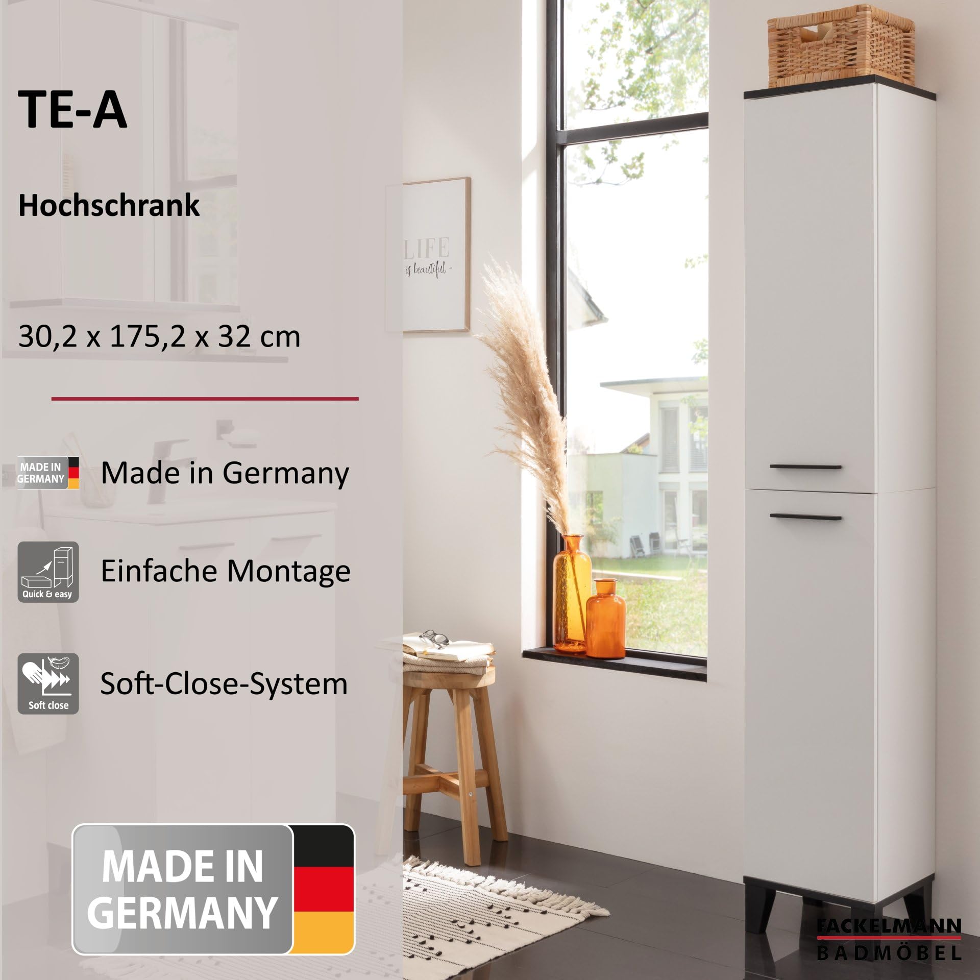 FACKELMANN TE-A Hochschrank 30 cm mit Füßen, Weiß – Moderner Stauraum fürs Badezimmer, Made in Germany, mit mattschwarzen Details und Vier Glaseinlegeböden Küche, Haushalt & Wohnen