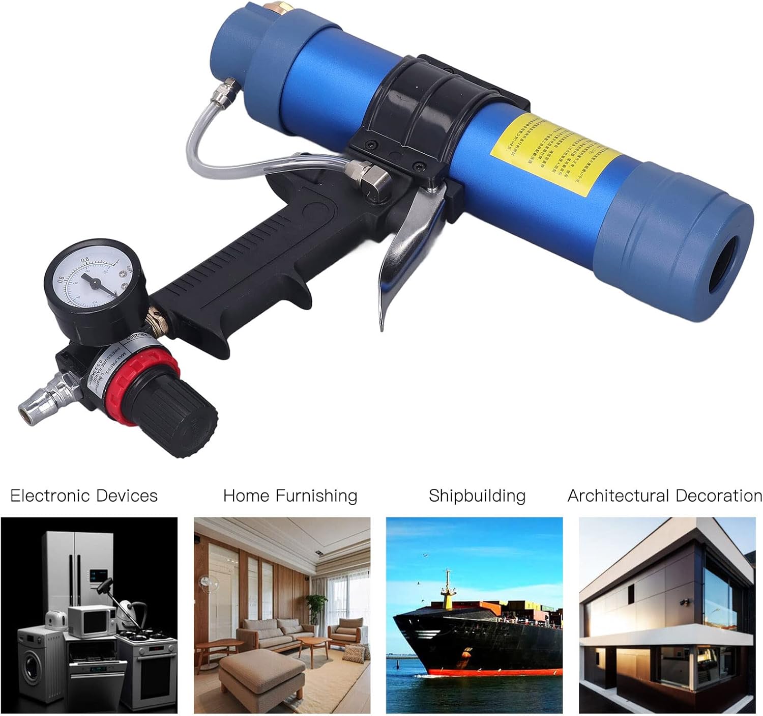 flexman Air Power Caulk Gun, 310ml 1/4in Pneumatic Glass Glue Gun with Pressure Gauge, Air Sealant Sealant Caulking Gun Kit for PV Fish Tanks Glass Door Window