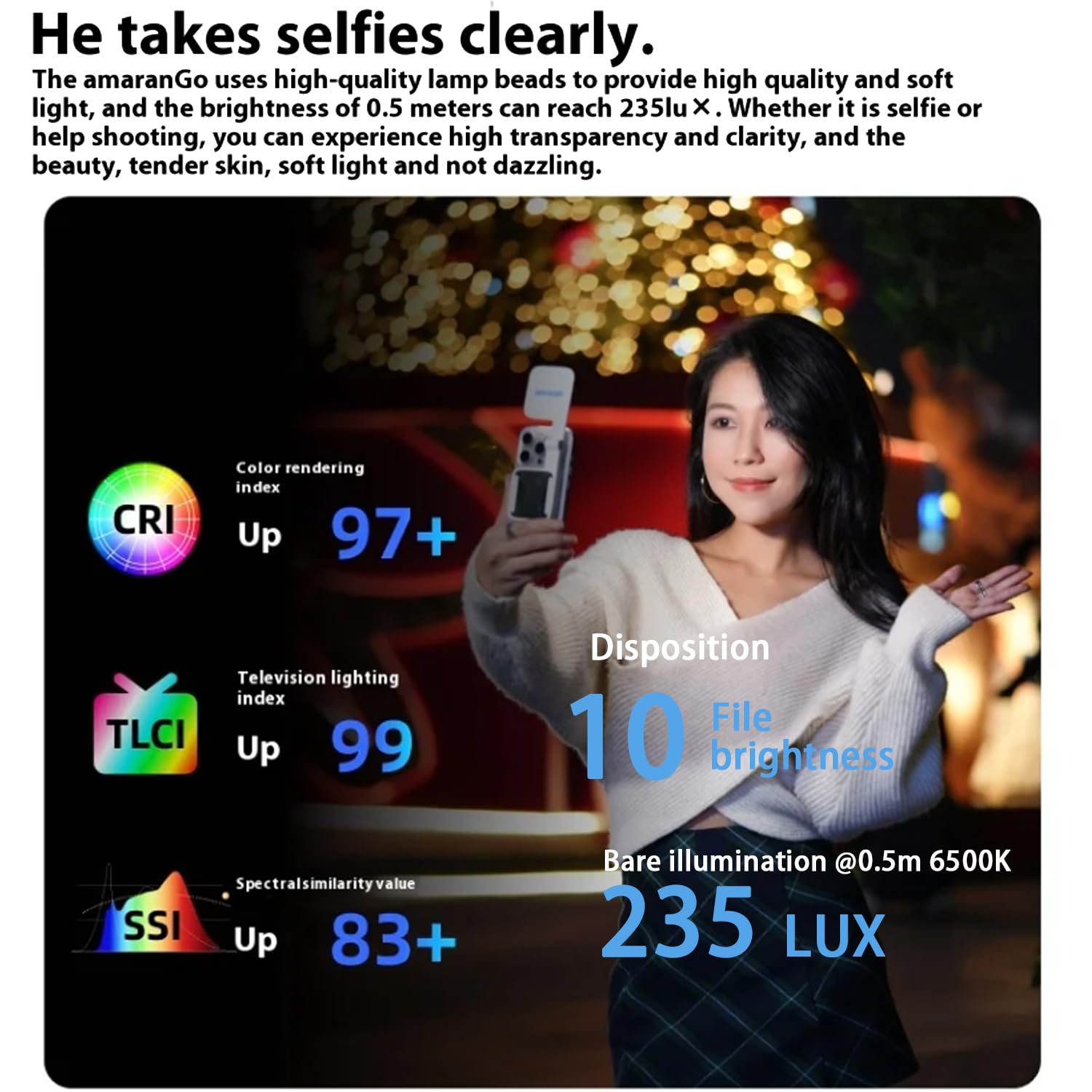 Amaran Go - Luce magnetica per telefono per selfie, doppia sorgente luminosa LED con specchio regolabile CCT 2700K-6500K, ricaricabile per selfie, trucco, videoconferenze, TikTok, per iPhone e Android