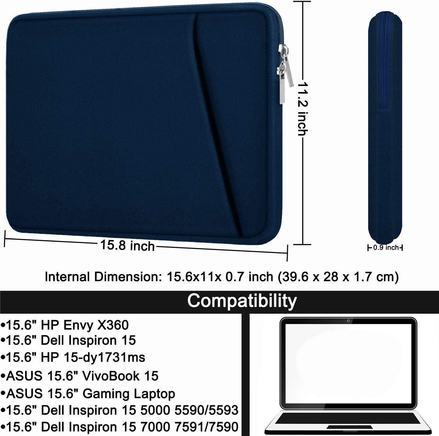 15.6 inch Laptop case, Durable Briefcase Shockproof Protective Sleeve, Handbags Portable Laptop Bag for 15.6 inch HP Dell Asus Lenovo Notebook Computer Cover with Front Pocket, Blue - Image 5