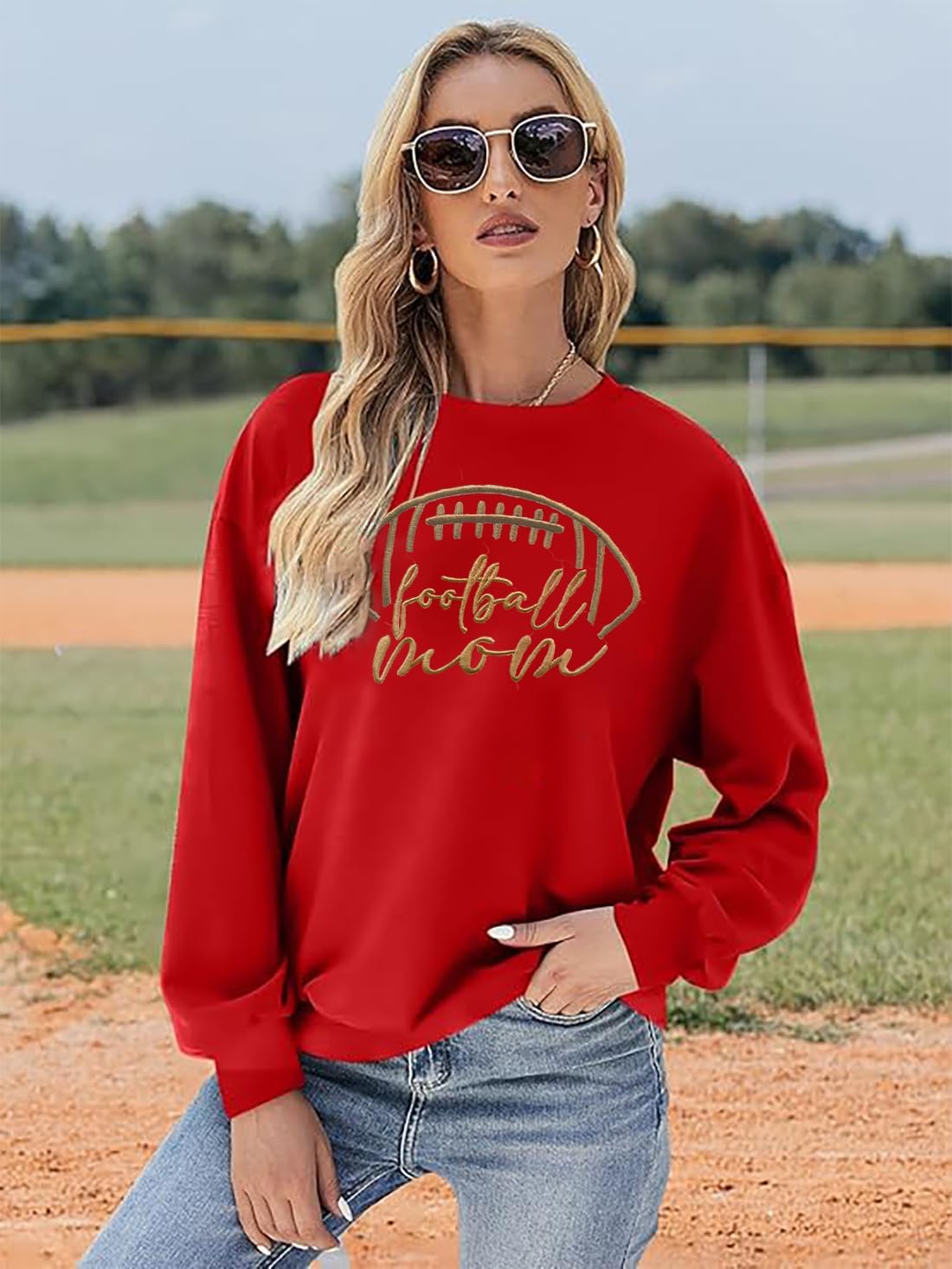 Women Football Game Day Sweatshirt Embroidered Football Graphic Pullover Casual Sunday Funday Long Sleeve Top - Image 3