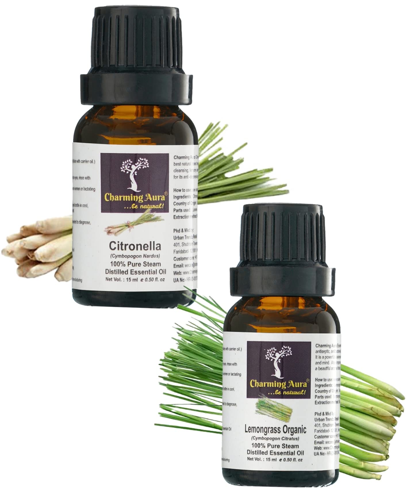 Charming Aura® Pack of 2 Essential Oils Citronella & Lemongrass. 100% Natural, Undiluted, Pure & Therapeutic Grade- For Mosquito Repellent, Cleaning, Insects, Candle Making, Reeds Diffuser.