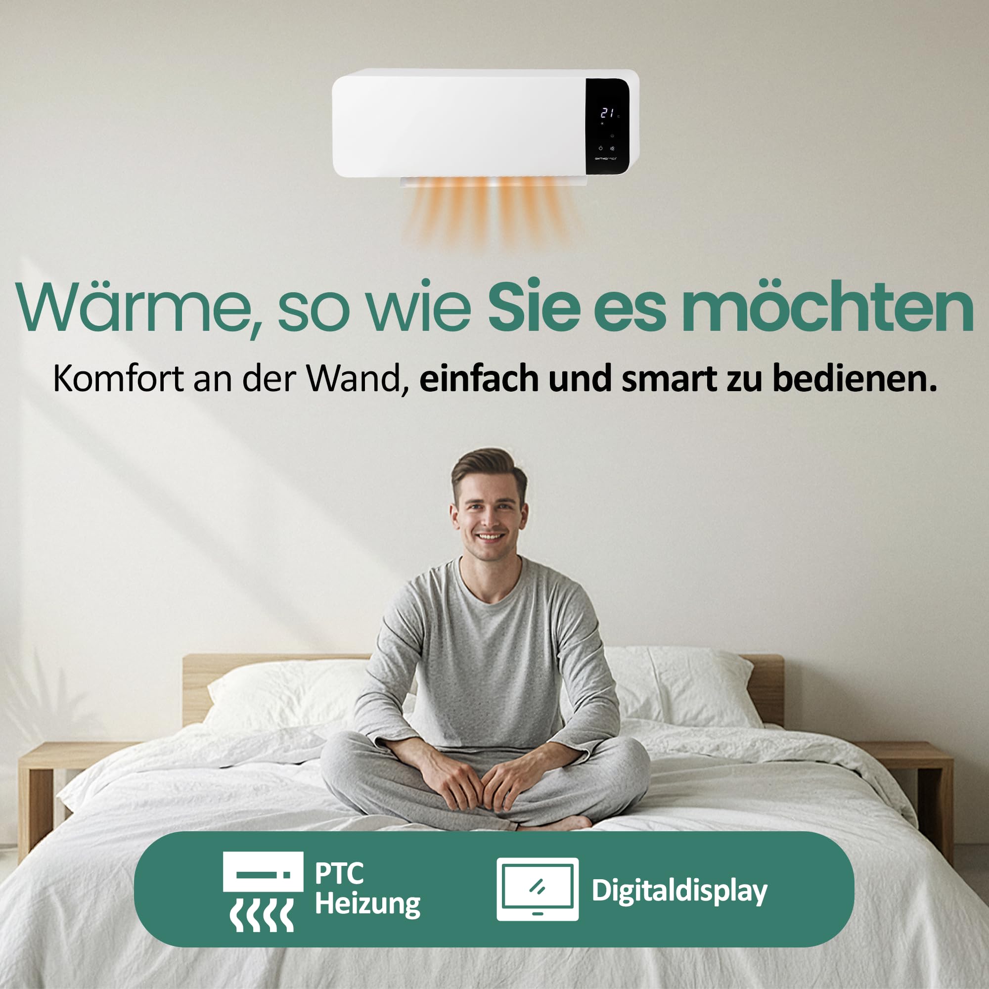 EMERIO Termoventilatore da parete, 2000 W, timer regolabile per settimane, elemento riscaldante PTC (ceramica), 2 livelli di riscaldamento, termostato regolabile, finestra aperta, rilevazione