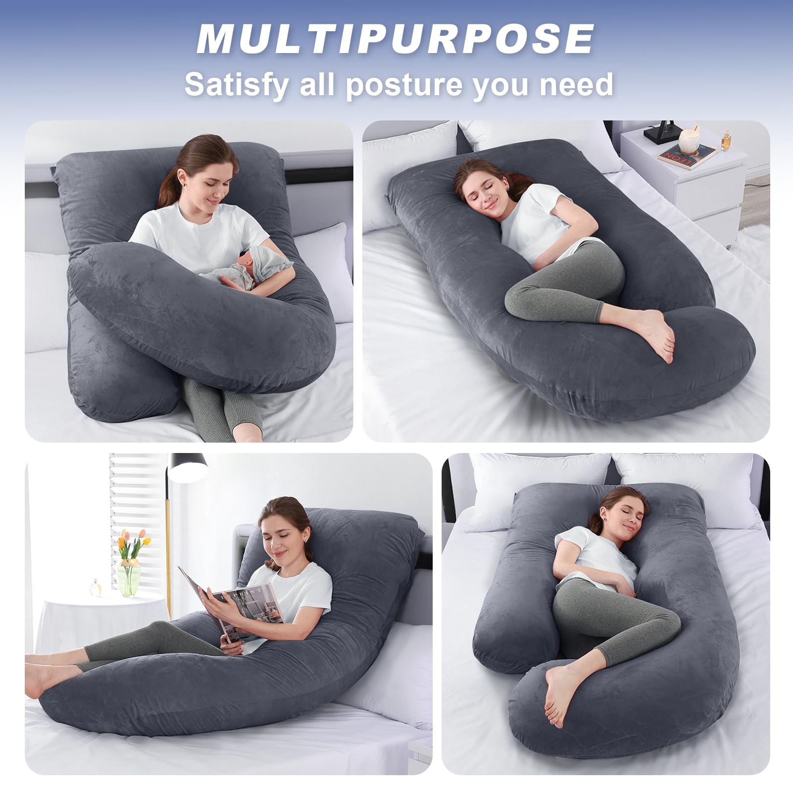 Coussin de Grossesse, Coussin d'allaitement, Oreiller de Grossesse en Forme de J pour Femme Enceinte avec Housse en Velours Amovible, Coussin de Maternité et Corps pour Dormir (Violet Foncé)