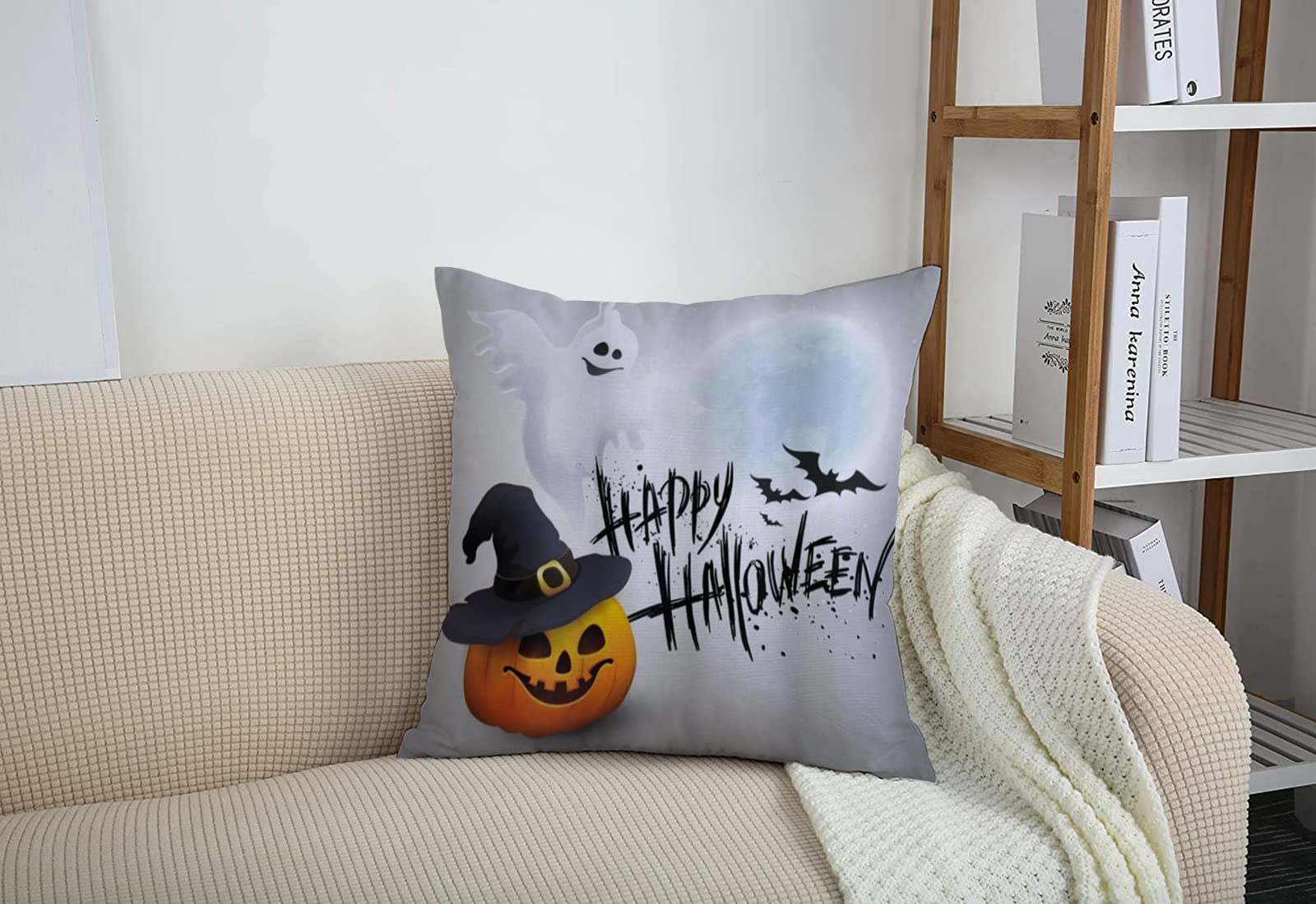 2 Federe Per Cuscini Halloween 40x40 Cm – Fantasma Carino E Scritta Happy Halloween – Cachi, Ricamate
