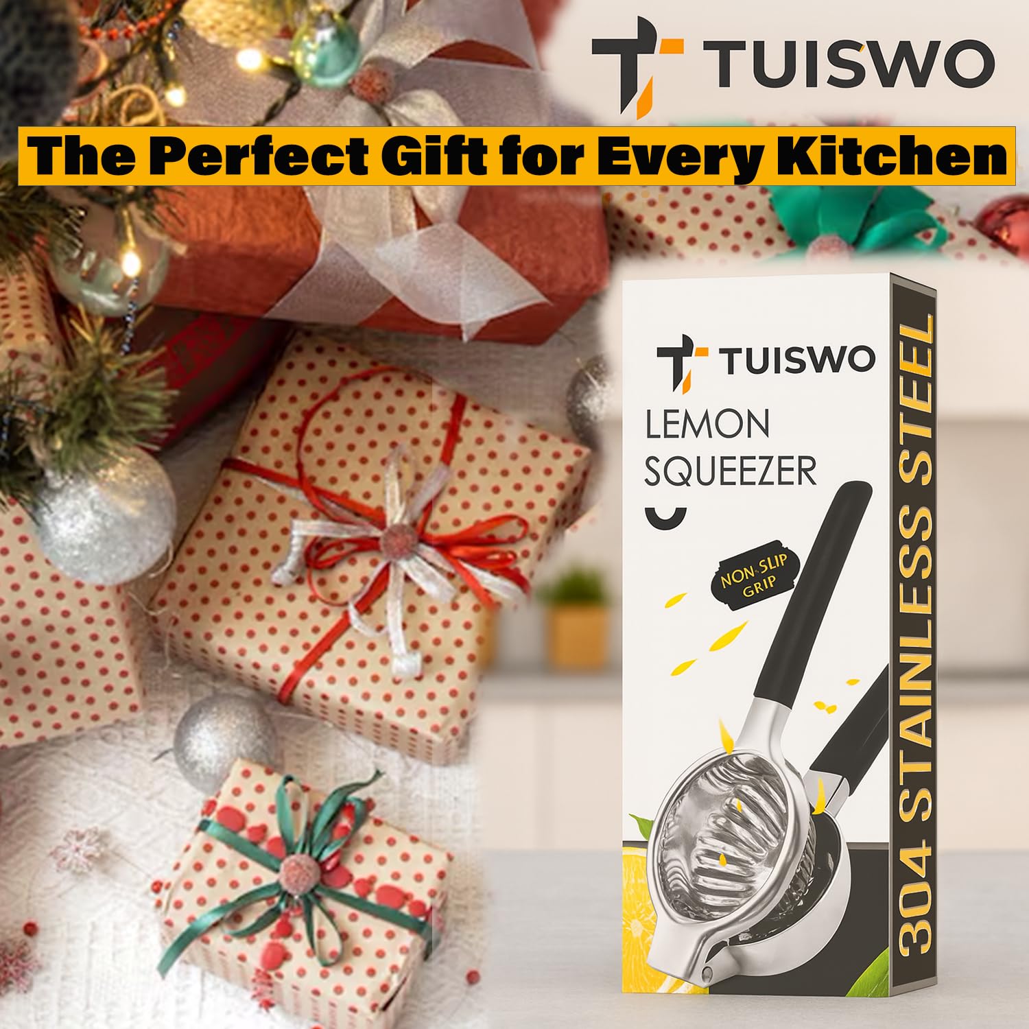 Tuiswo - Exprimidor de limón de acero inoxidable, exprimidor manual de cítricos, cuenco de metal duradero con agarre antideslizante, calidad premium (plata/negro)