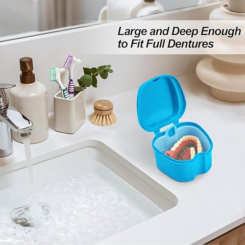 Miniatura 3 de Paquete de 2 tazas para dentaduras postizas, soporte de baño para dentaduras con cesta coladora, estuche limpiador de retenedores dentales,