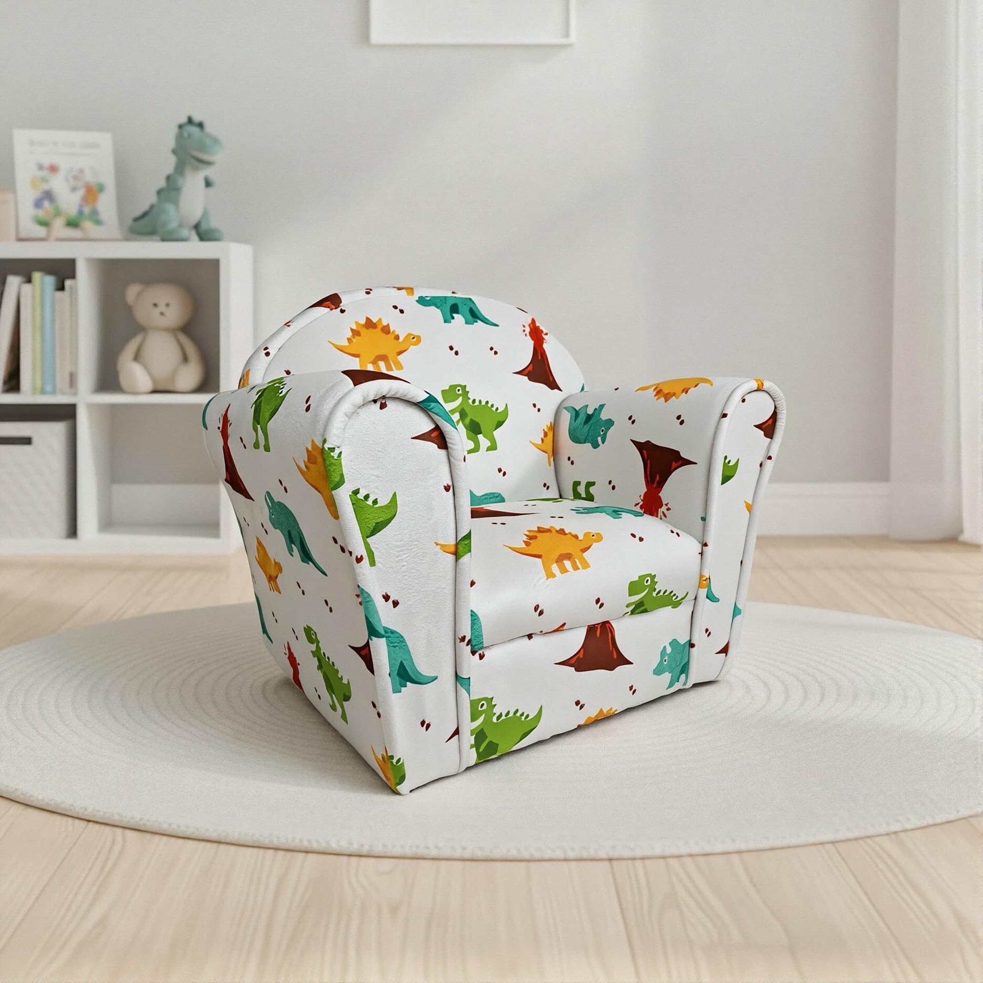 Kidsaw Kids Dinosaur Themed Children's Armchair Toddler Chair - Wood Frame - Thick Padding - Soft Upholstered Toddler Seating for Bedroom or Playroom (Dinosaur Light Grey)